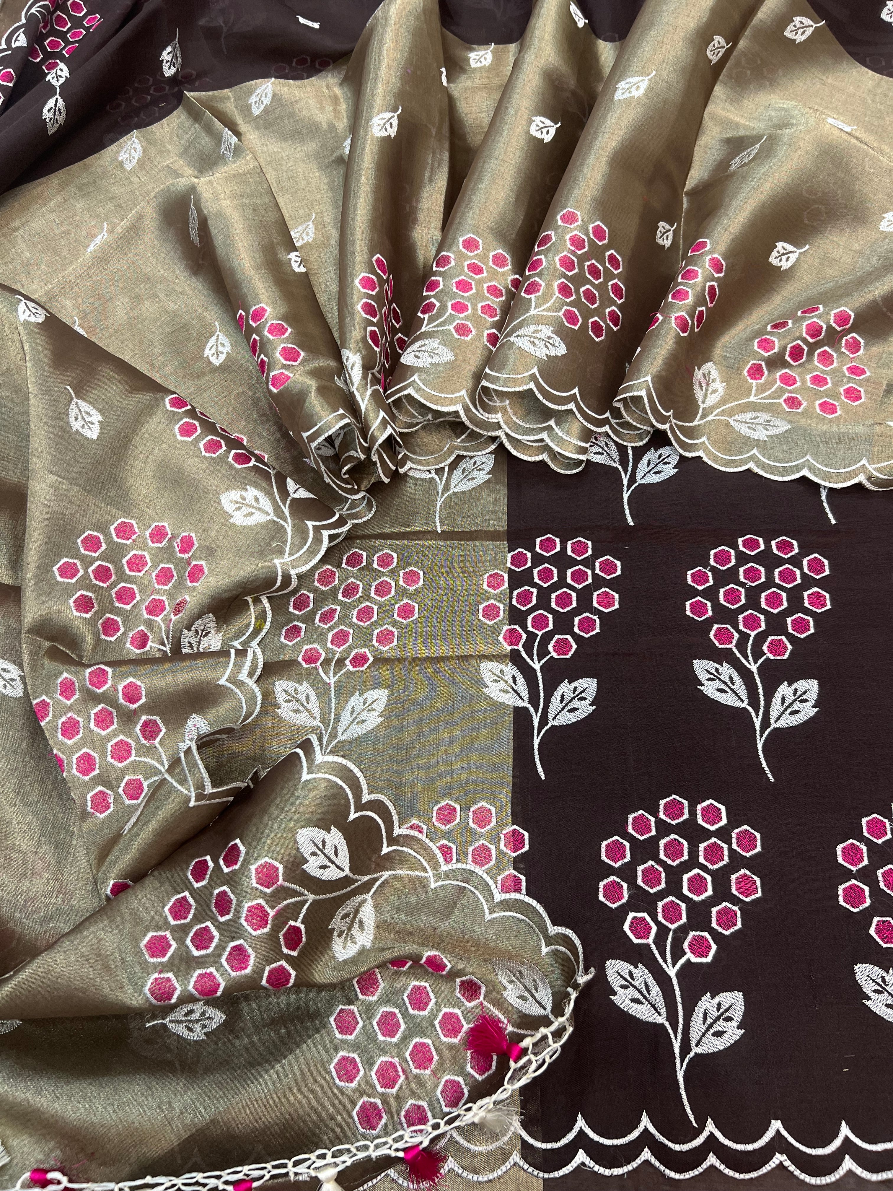 Pure tissue 2D dual shade half tissue half cotton based embroidered unstiched suits sets