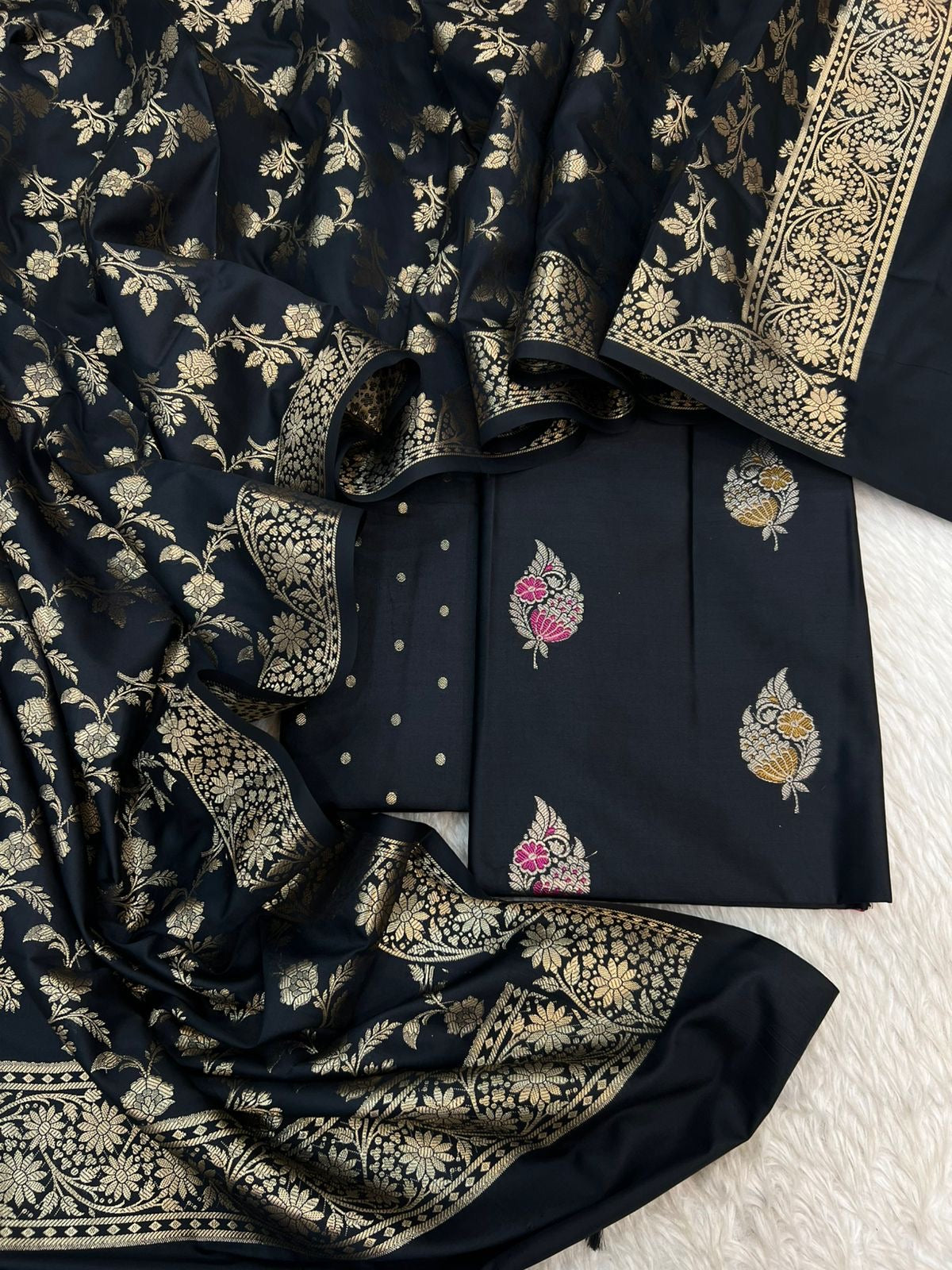 Banarasi silk zari jackard Mina alfi boota unstitched suits collections