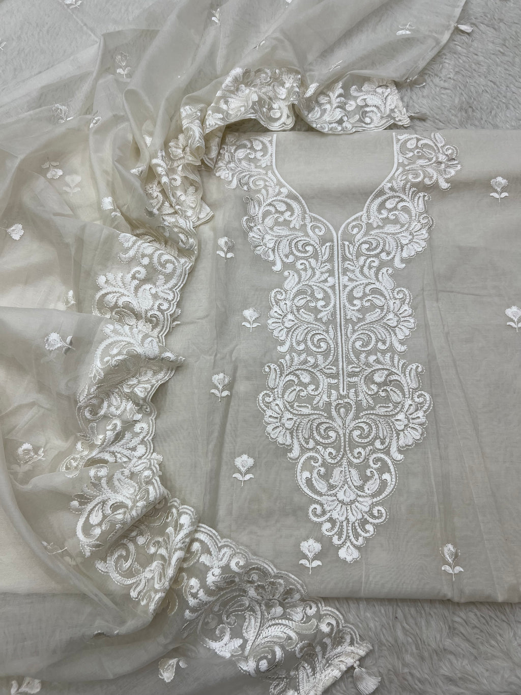 Pure mal Chanderi off white dyeable chikankari embroidery neck design suits
