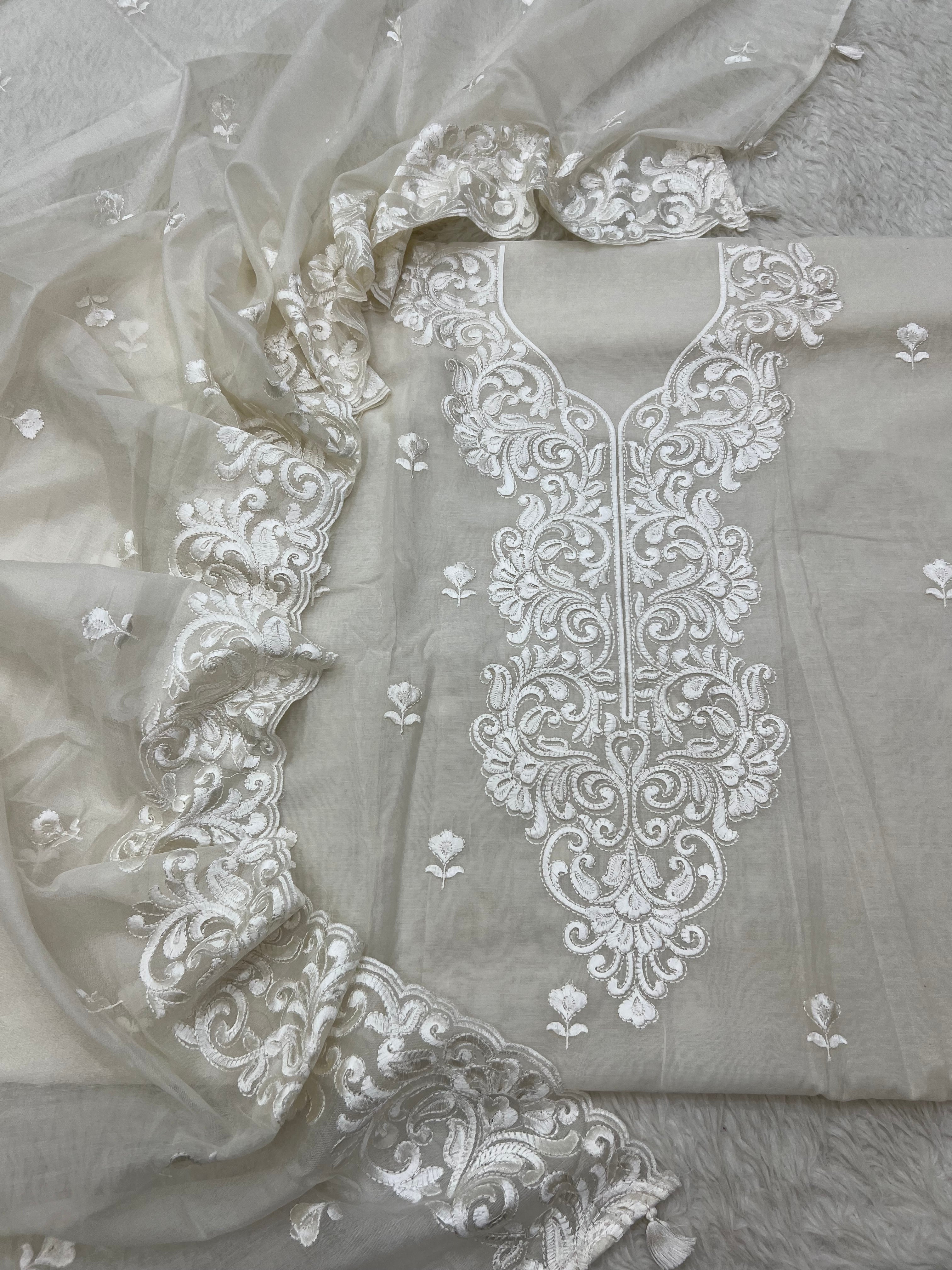 Pure mal Chanderi off white dyeable chikankari embroidery neck design suits