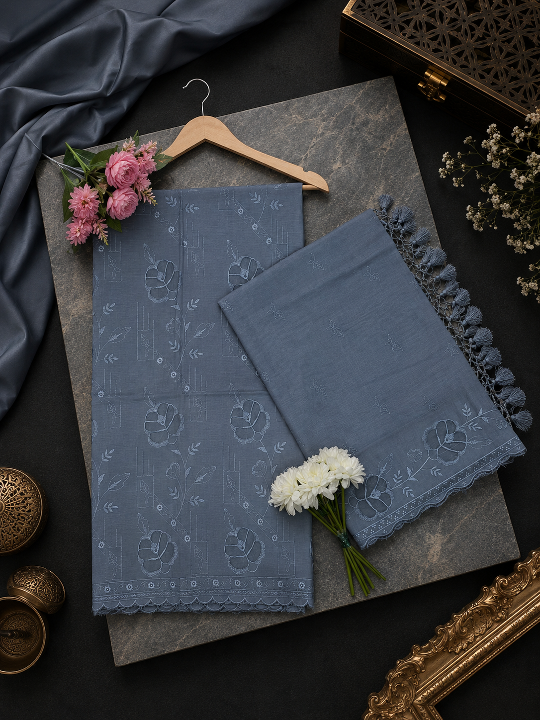 Pure mal Chanderi embroidered organza Applique cutwork suits