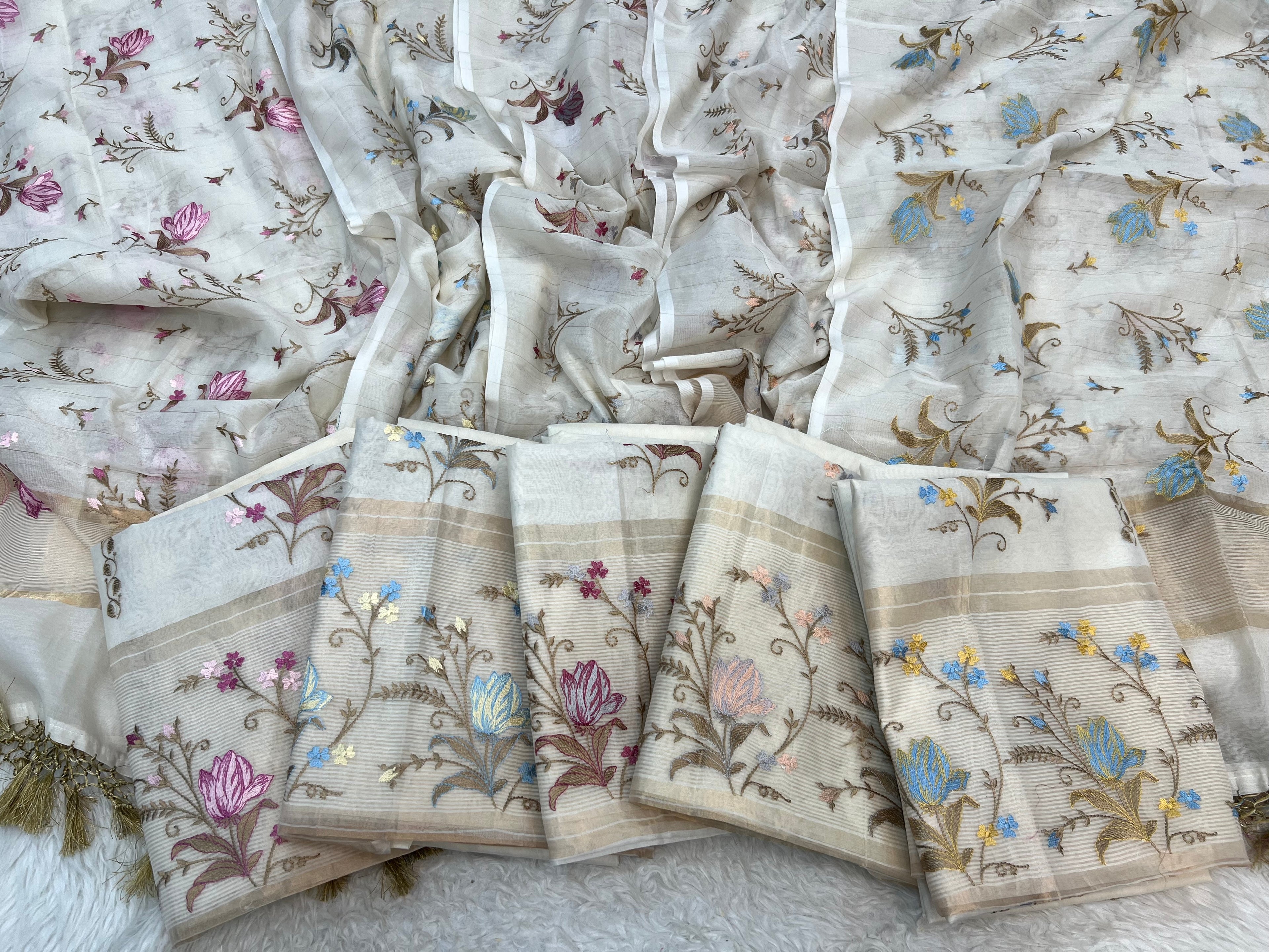 Pure mal Chanderi dyeable floral embroidery work suits