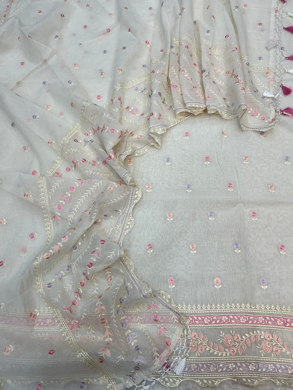 Pure mal Chanderi interlocking arched rangkat multi embroidered unstitched suit sets