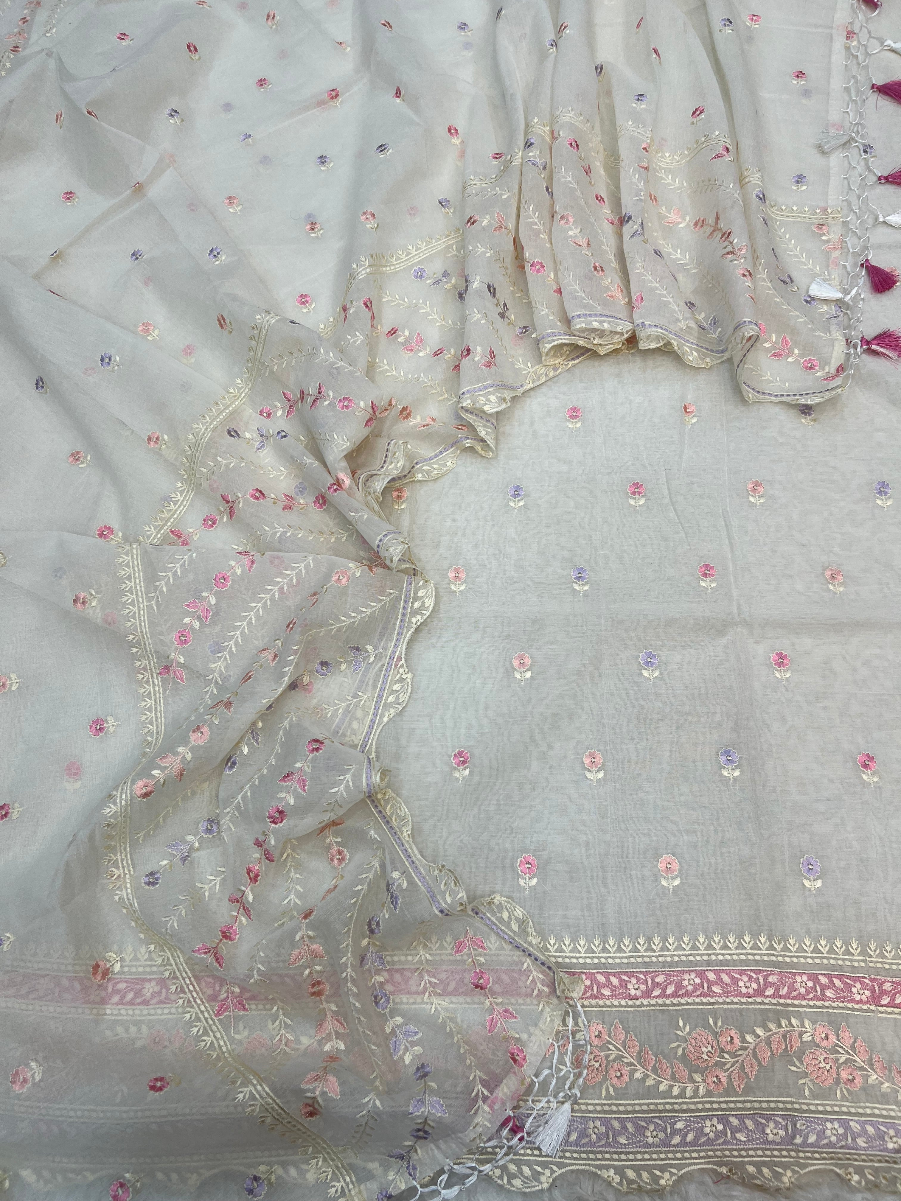 Pure mal Chanderi interlocking arched rangkat multi embroidered unstitched suit sets