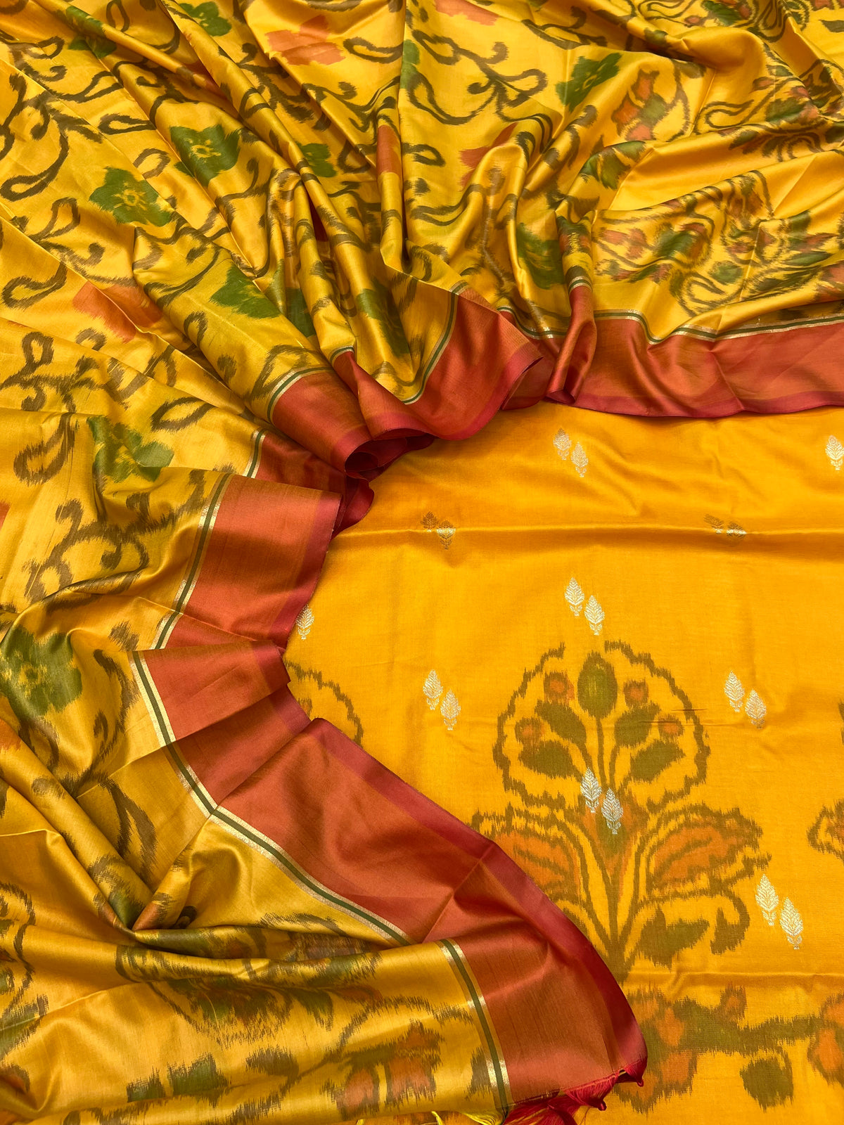 Pochampalli ikkat tani print katan silk unstiched suits sets