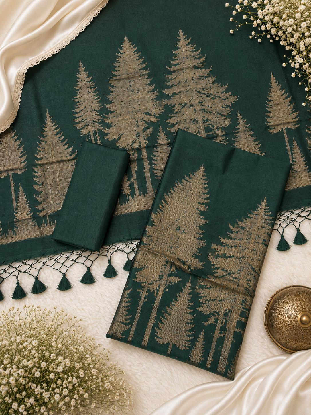 Tussar silk zari weaved botanical forest inspired design unstiched suits sets