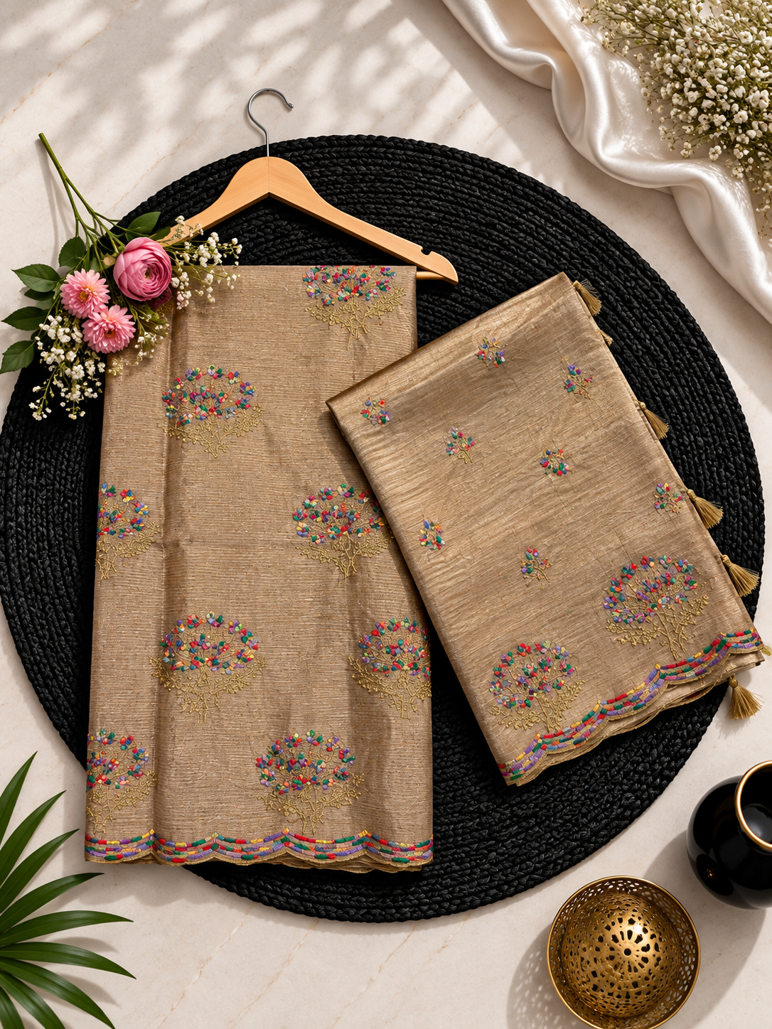 Pure tissue stripe zari weaved with embroidery work unstiched suits sets