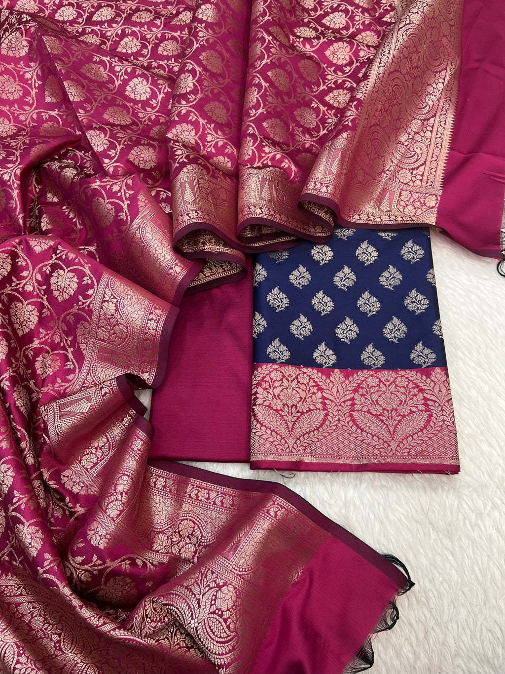 Banarasi silk zari jackard weaving multi contrast unstitched suits sets