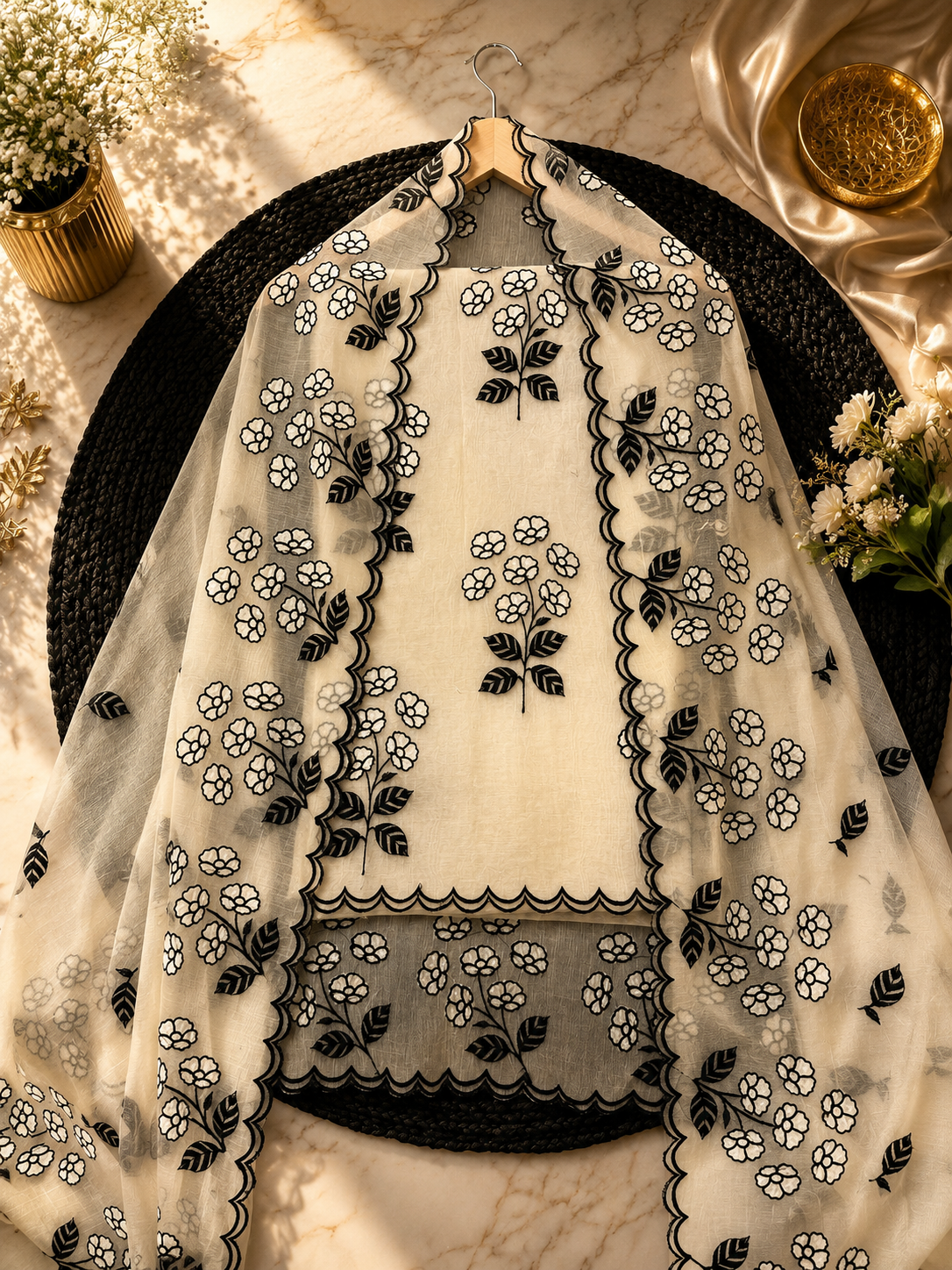 Pure mal Chanderi black thread embroidery with cotton Applique cutwork unstitched suits sets