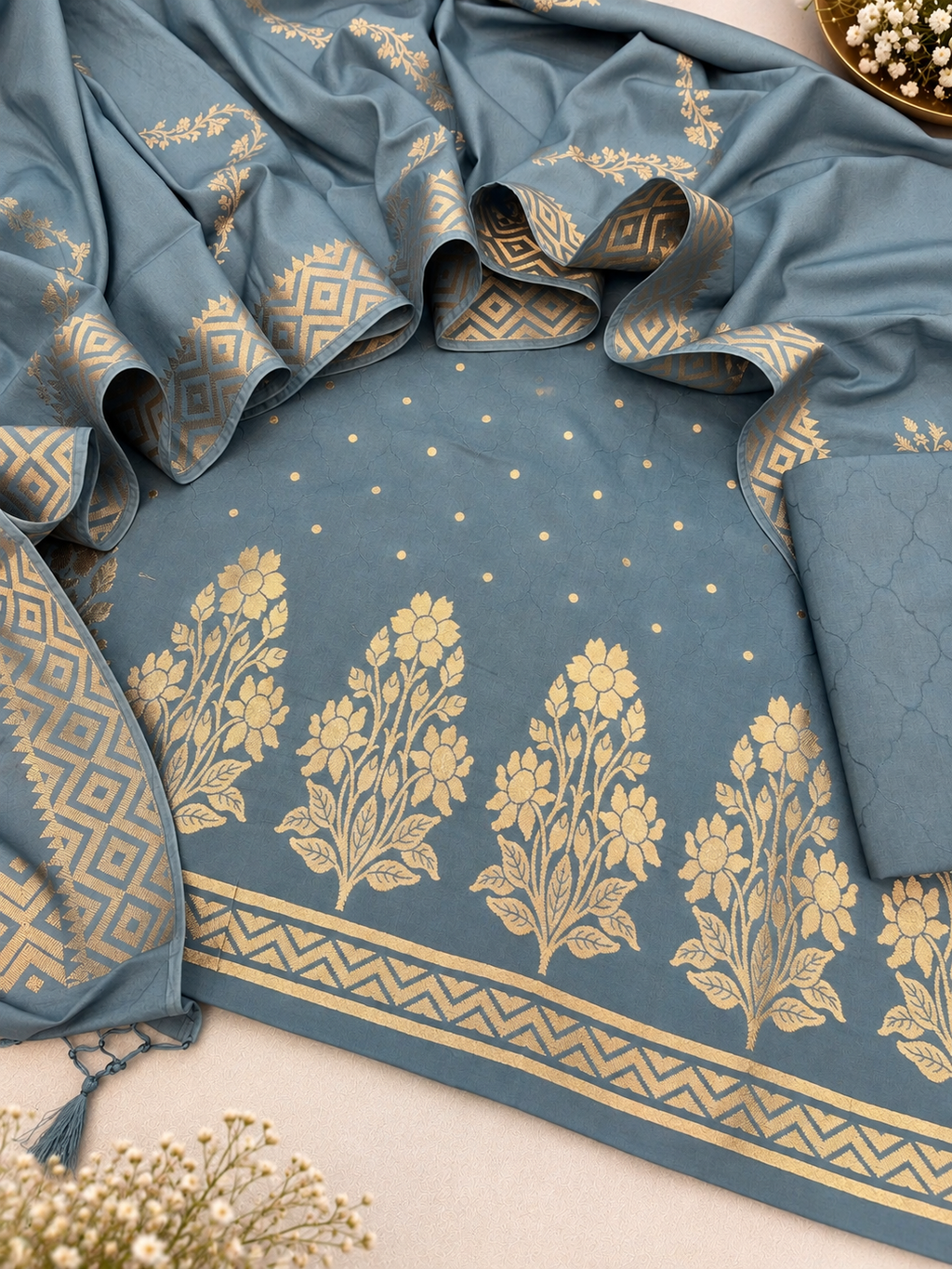 Pure katan silk self resham weaved with zari jackard design unstiched suits