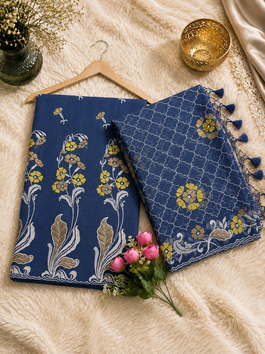 Pure mal Chanderi self stripe weaved Embroidered Applique tissue unstiched suits sets
