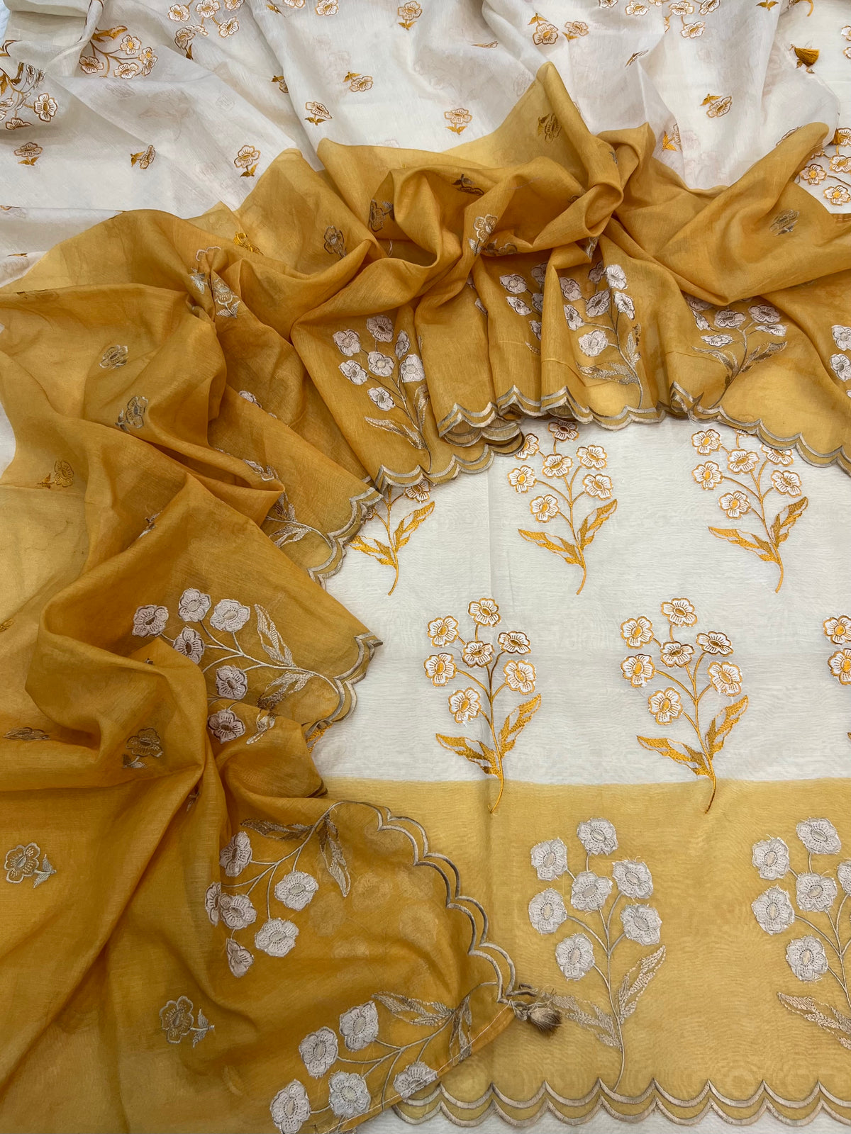 Pure mal Chanderi tussar beige cotton Applique contrast dyed unstiched suits