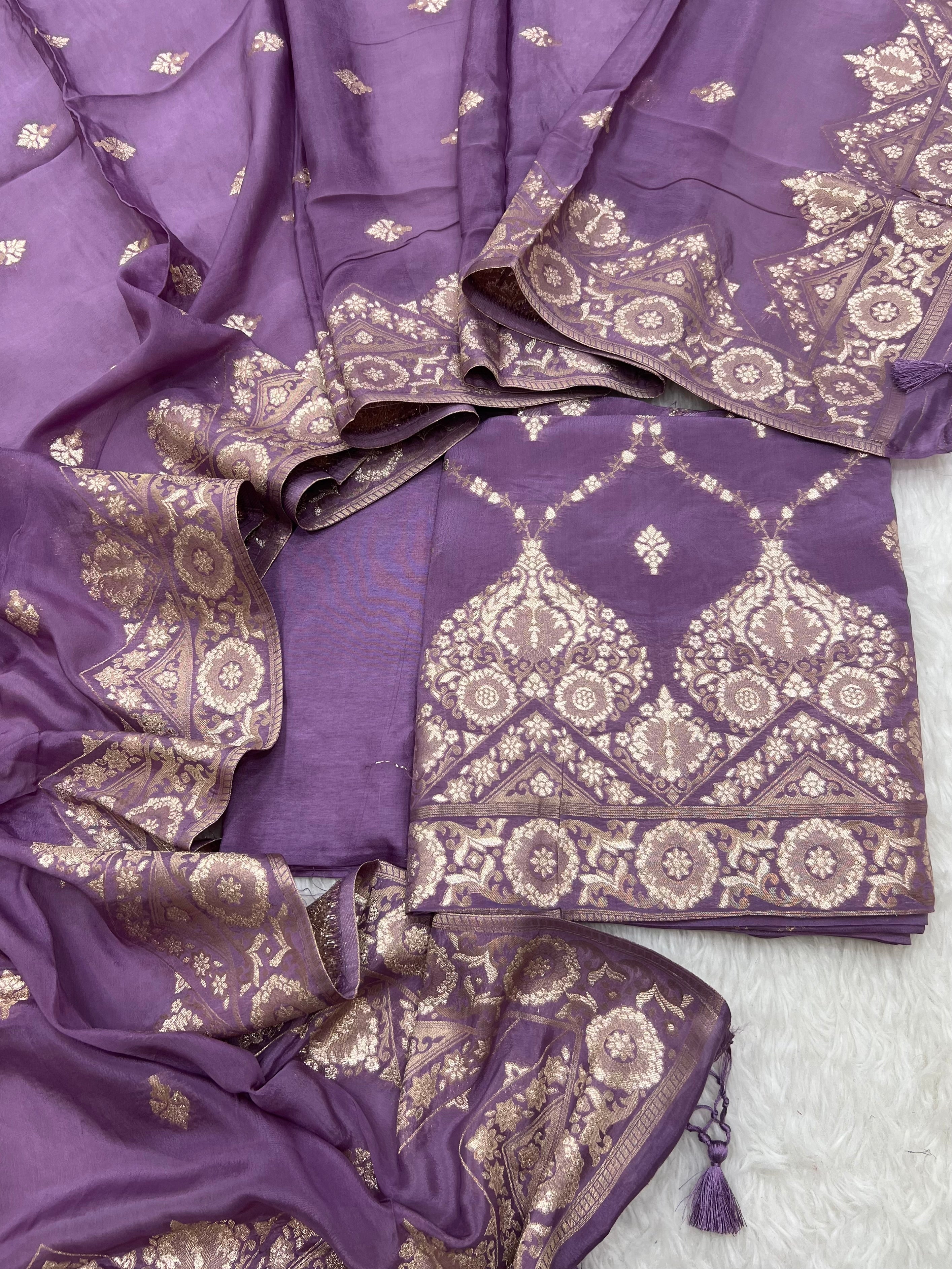 Pure crape antique almond zari weaved unstitched suits collections