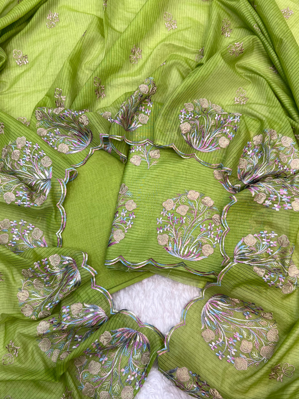 Pure mal Chanderi stripe weaved floral embroidered blossom boota unstiched suits sets