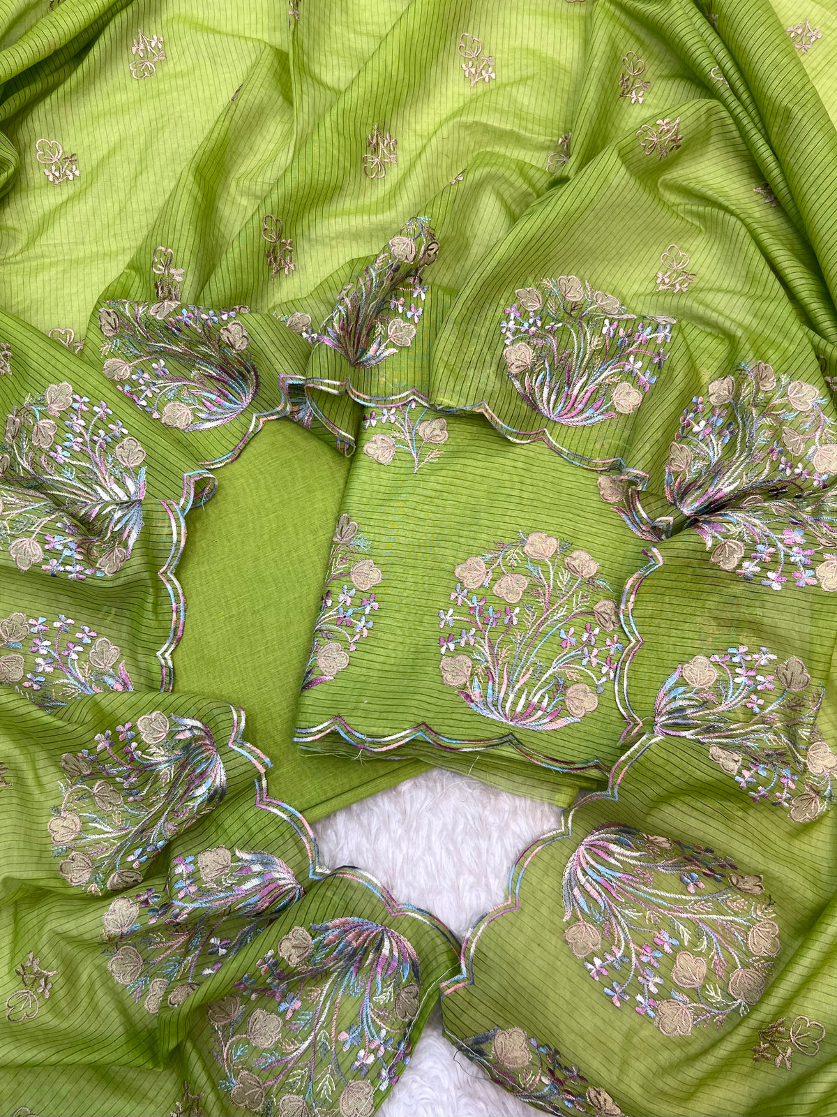 Pure mal Chanderi stripe weaved floral embroidered blossom boota unstiched suits sets