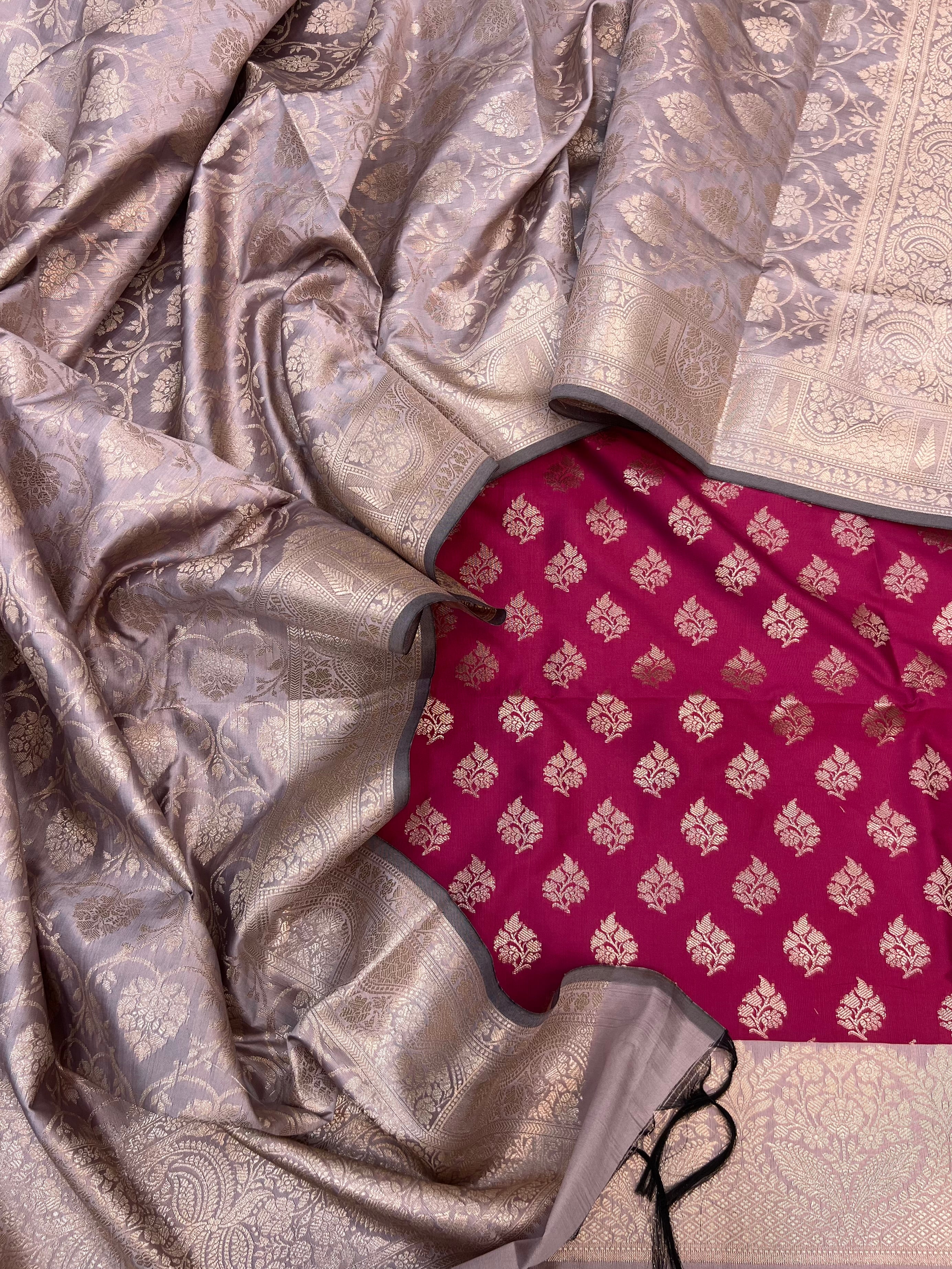 Banarasi silk zari jackard weaving multi contrast unstitched suits sets