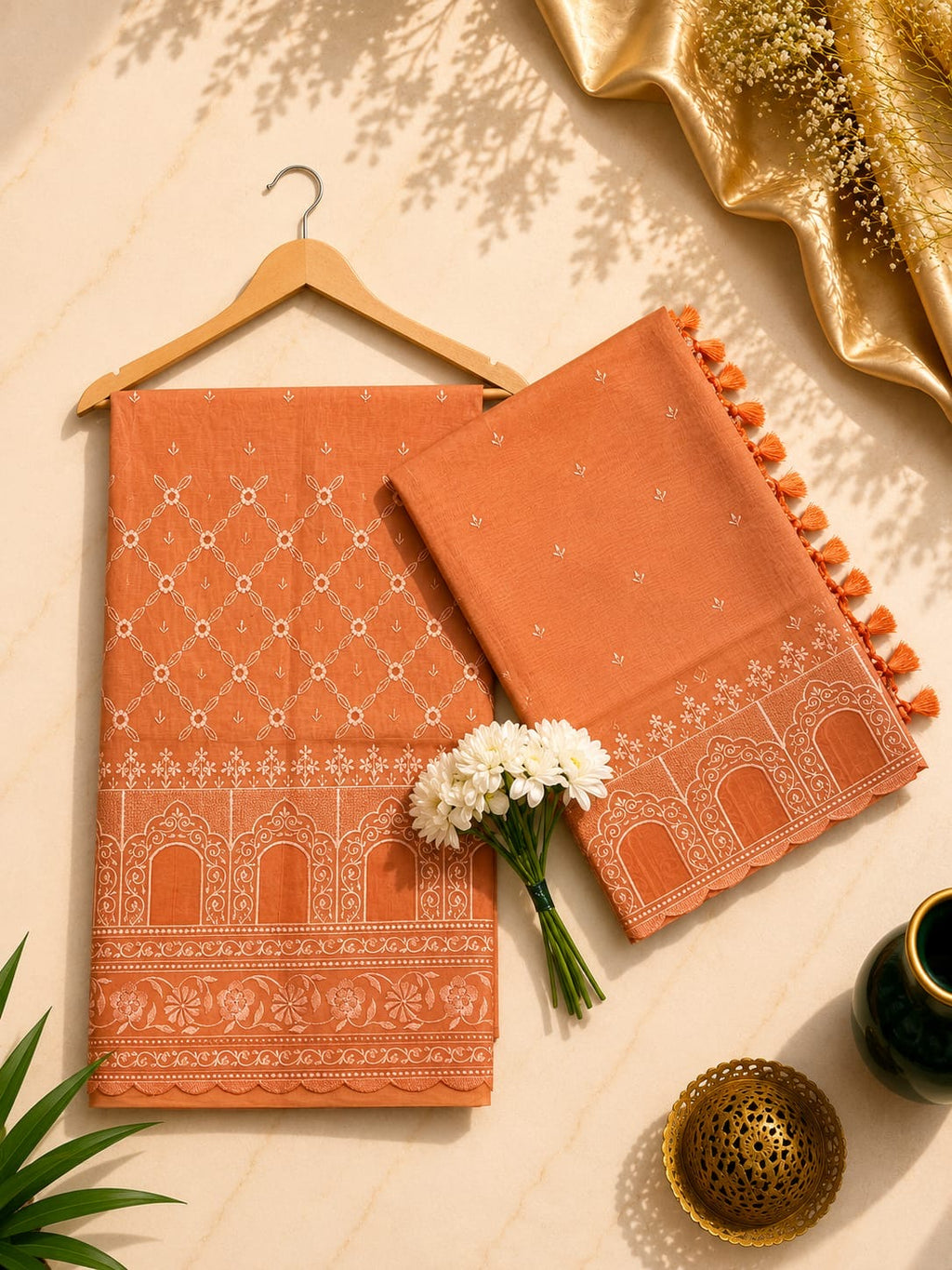 Pure mal Chanderi embroidery with organza Applique cutwork unstitched suit sets