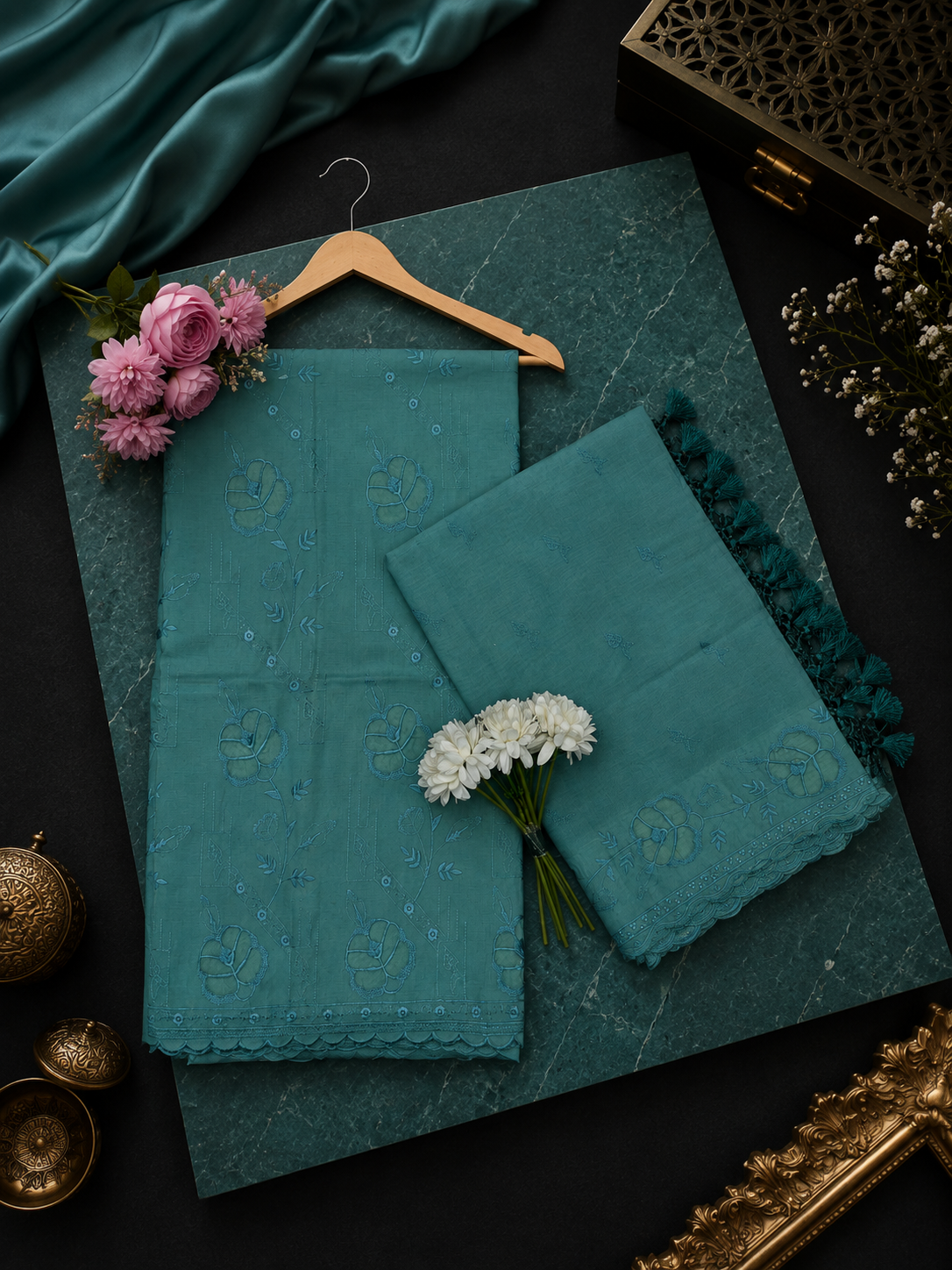 Pure mal Chanderi embroidered organza Applique cutwork suits