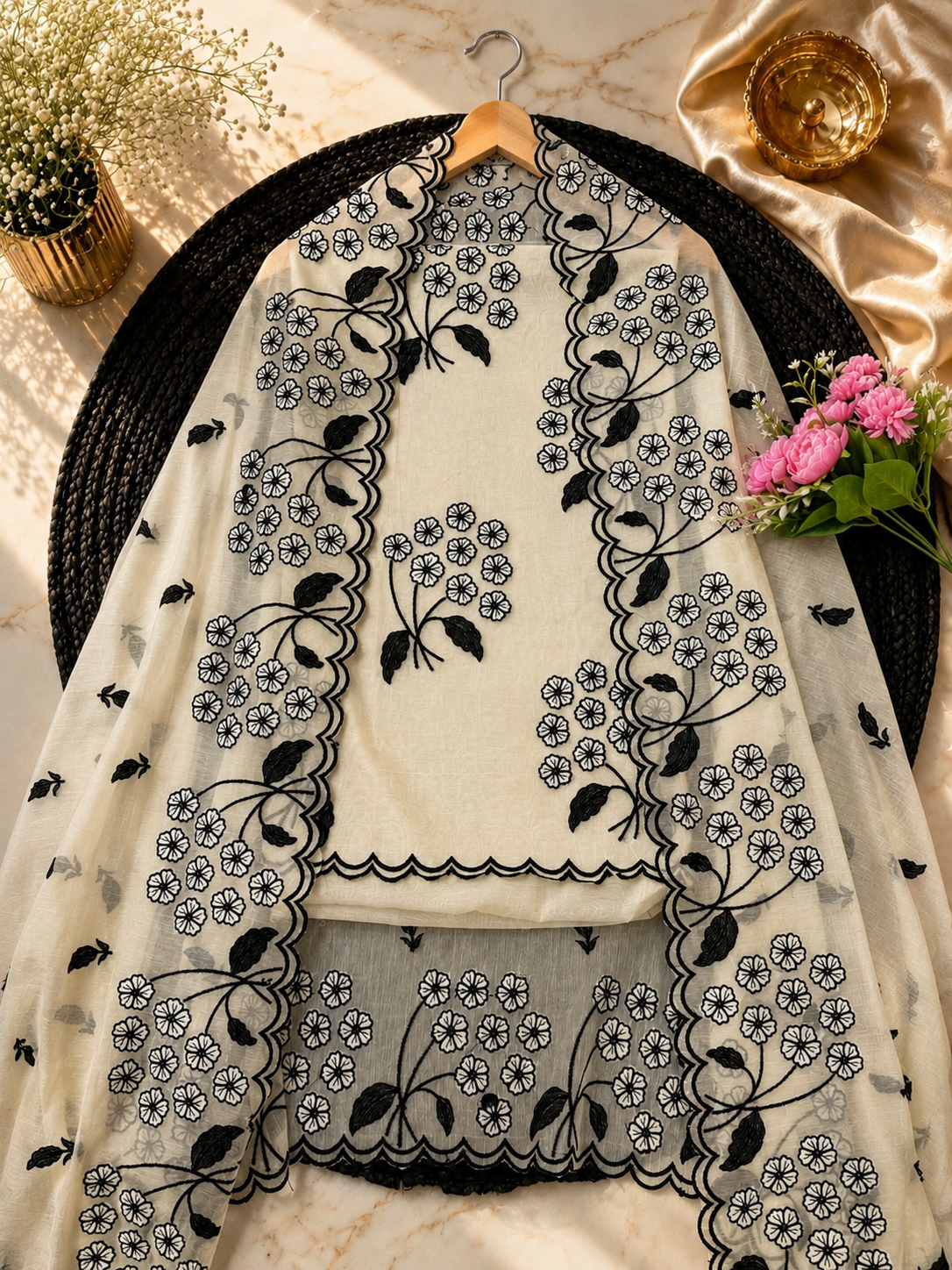 Pure mal Chanderi black thread embroidery with cotton Applique cutwork unstitched suits sets