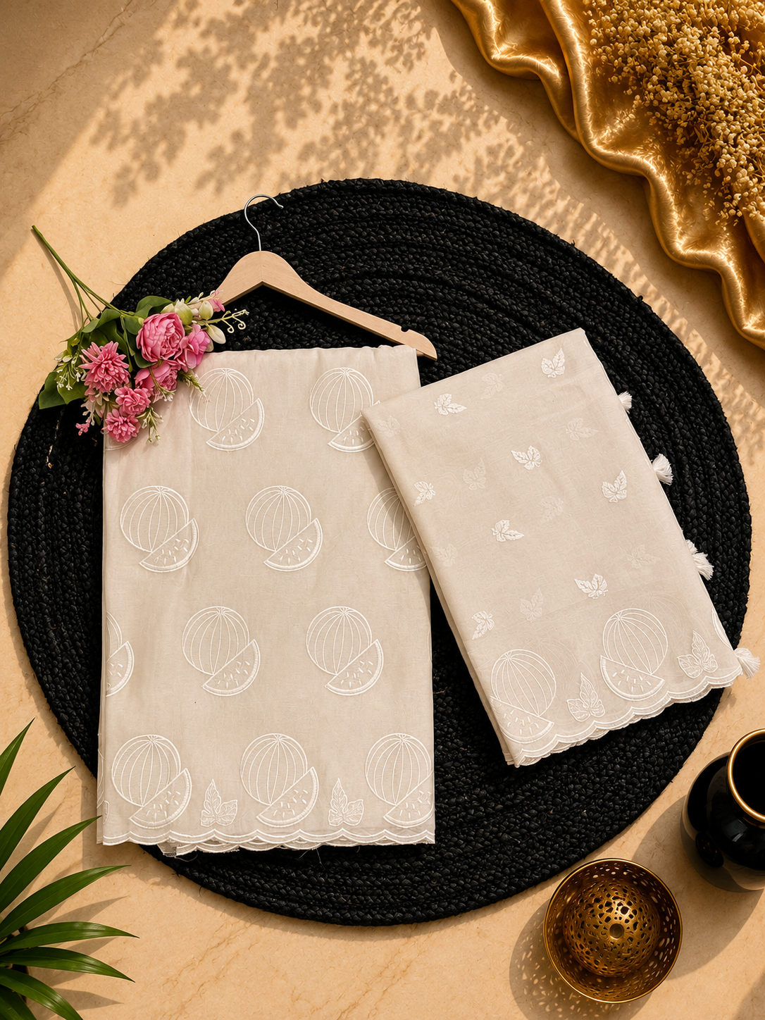 Pure mal Chanderi cotton Applique dyeable fruits inspired unstitched suit sets
