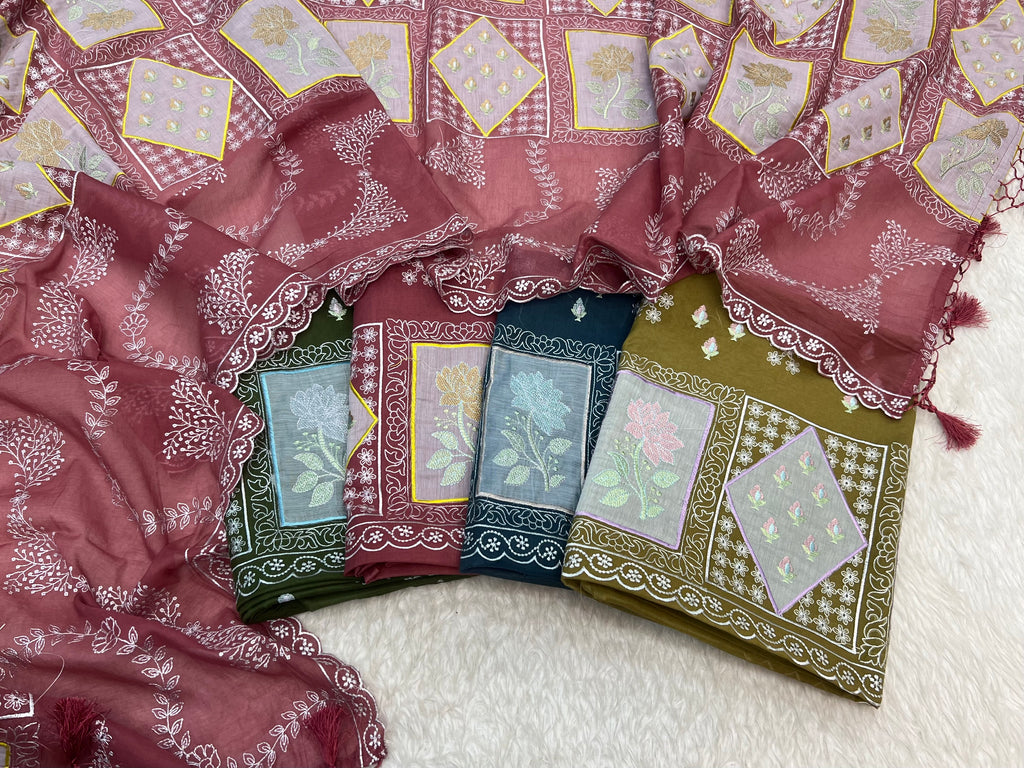 Pure mal Chanderi gharchola embroidery cotton patchwork unstiched suits sets