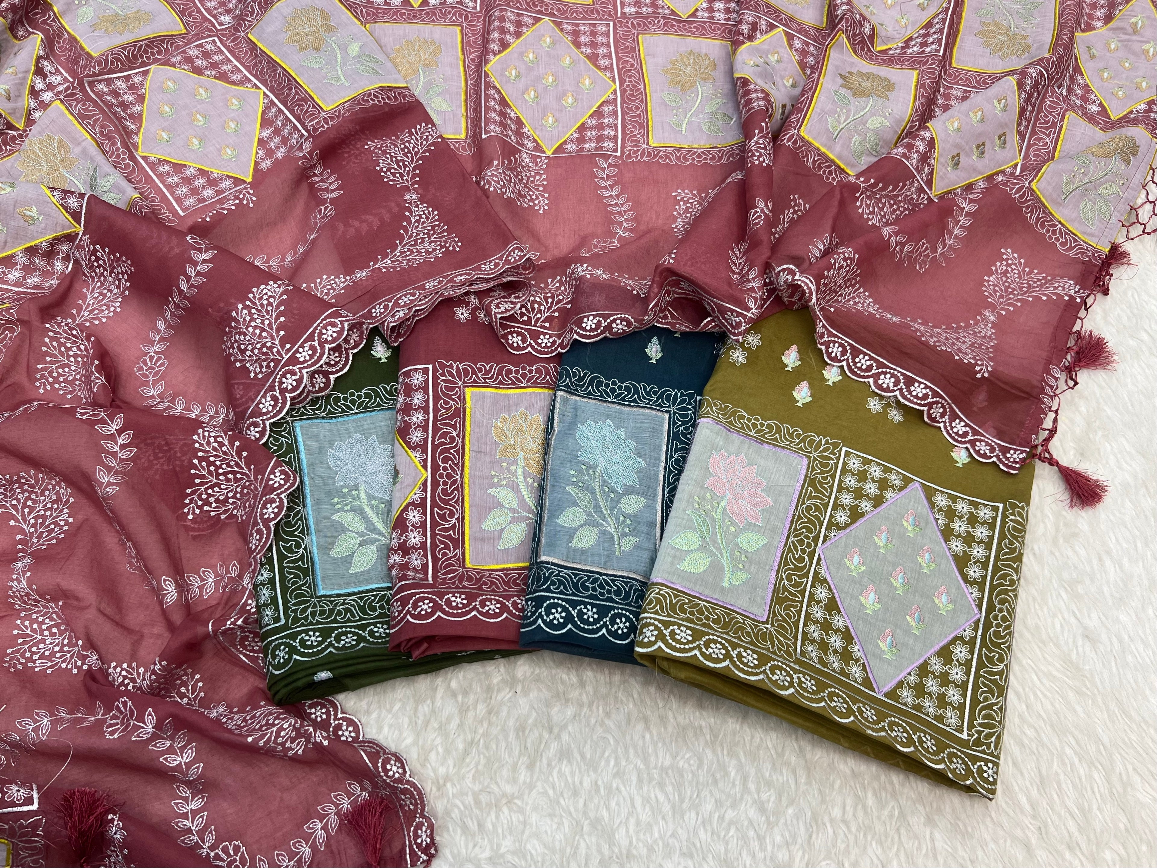 Pure mal Chanderi gharchola embroidery cotton patchwork unstiched suits sets