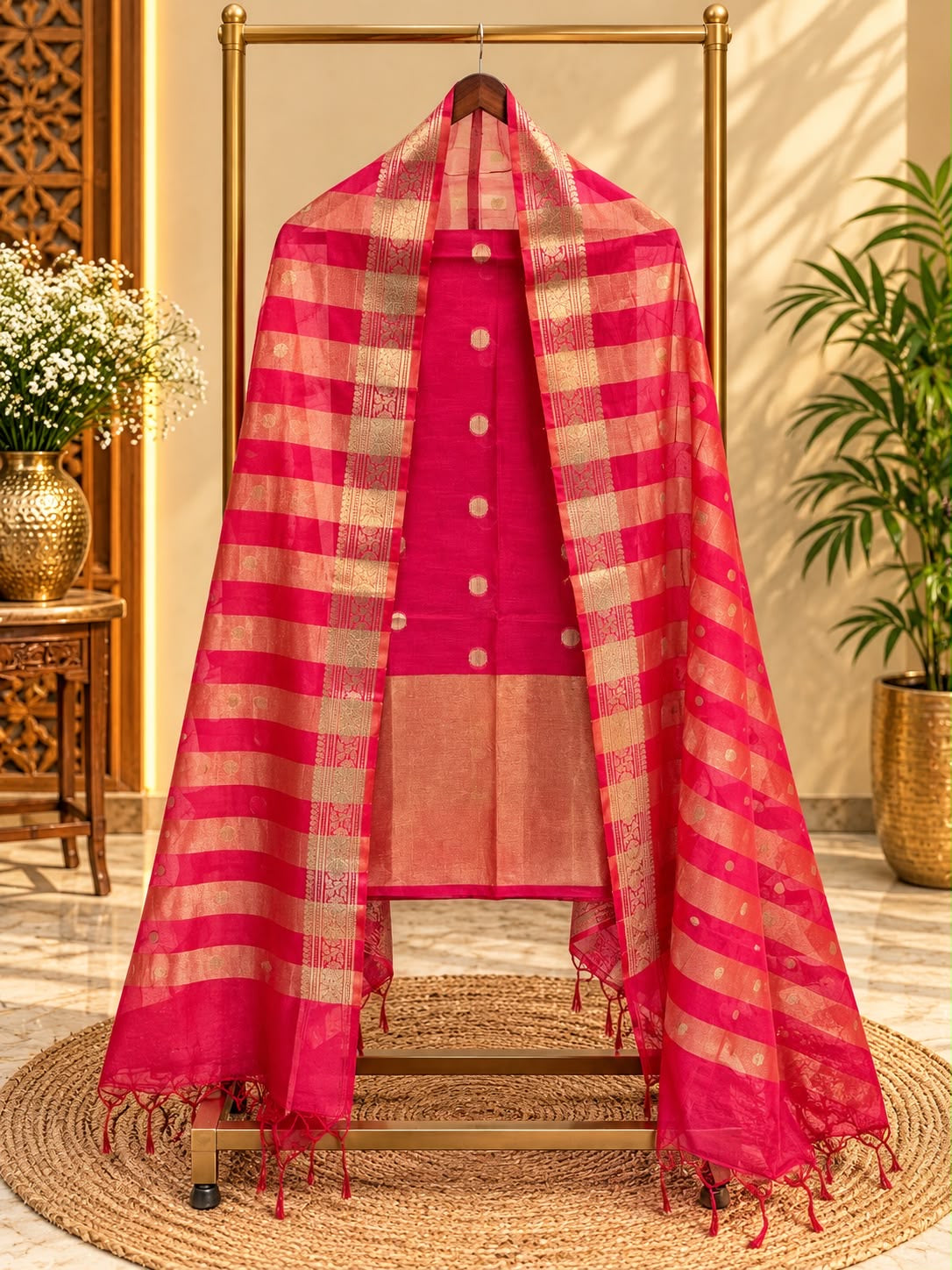 Pure mal Chanderi zari stripe polka weaved unstiched suits sets