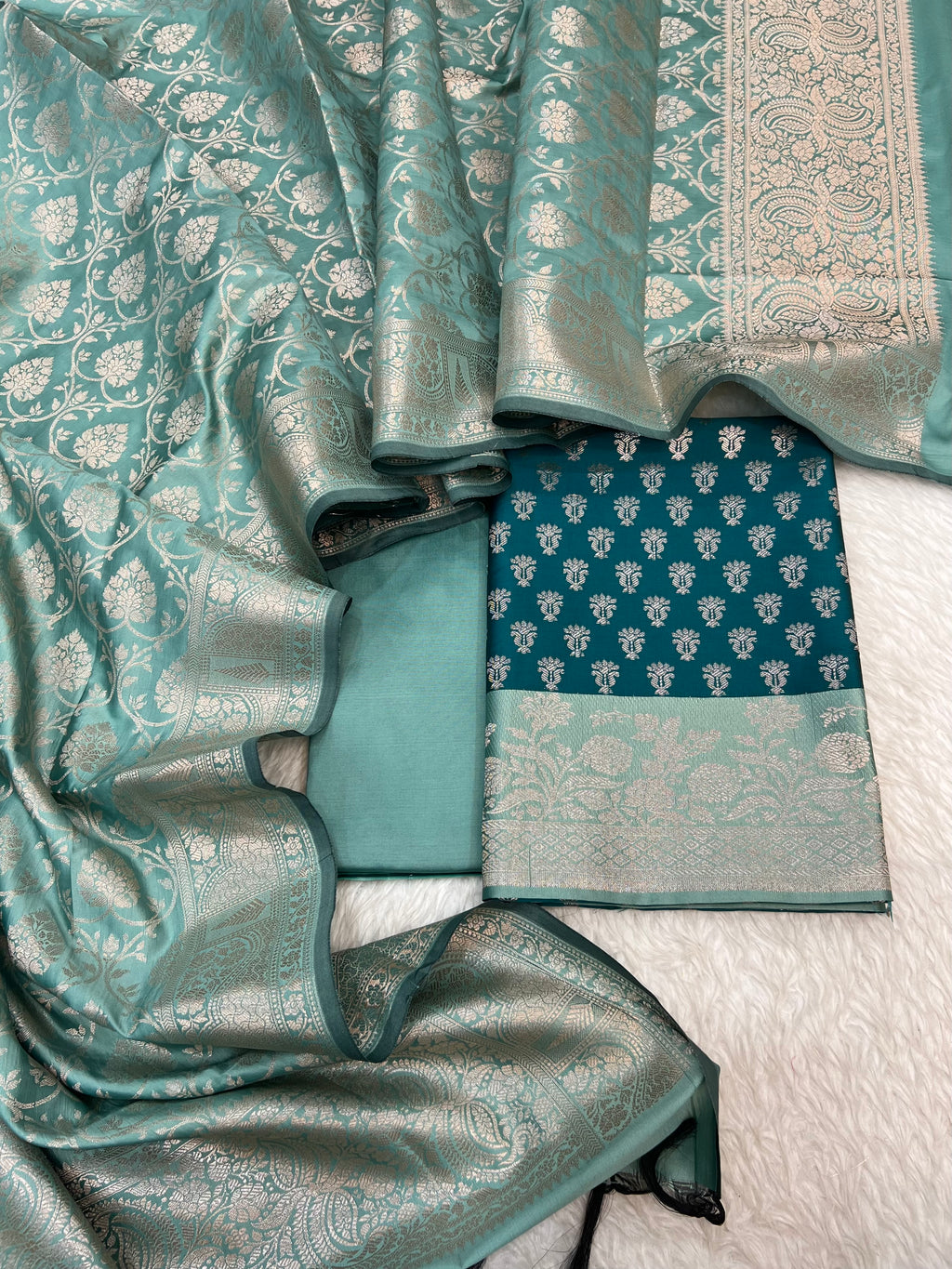 Banarasi silk zari jackard weaving multi contrast unstitched suits sets