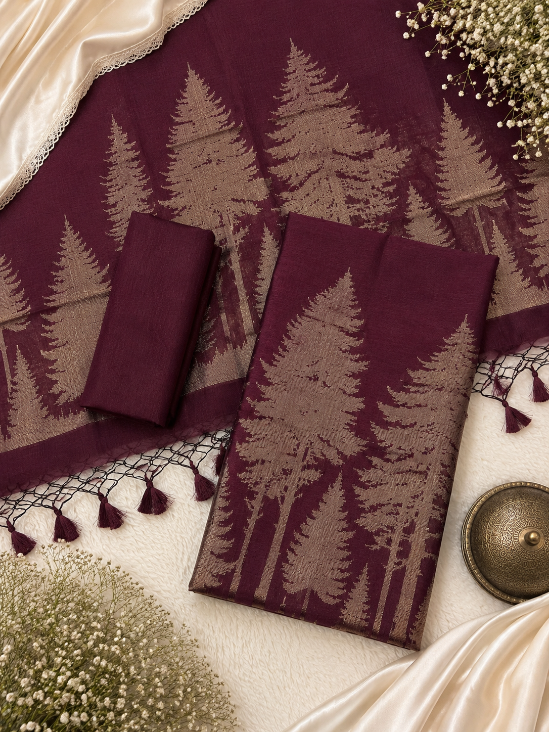 Tussar silk zari weaved botanical forest inspired design unstiched suits sets