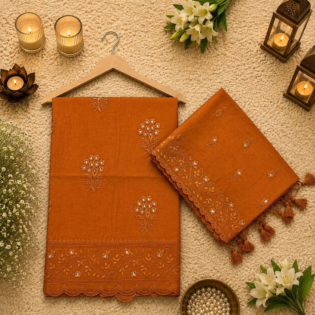 Pure mal Chanderi embroidered intricated zari weaved unstiched suits sets