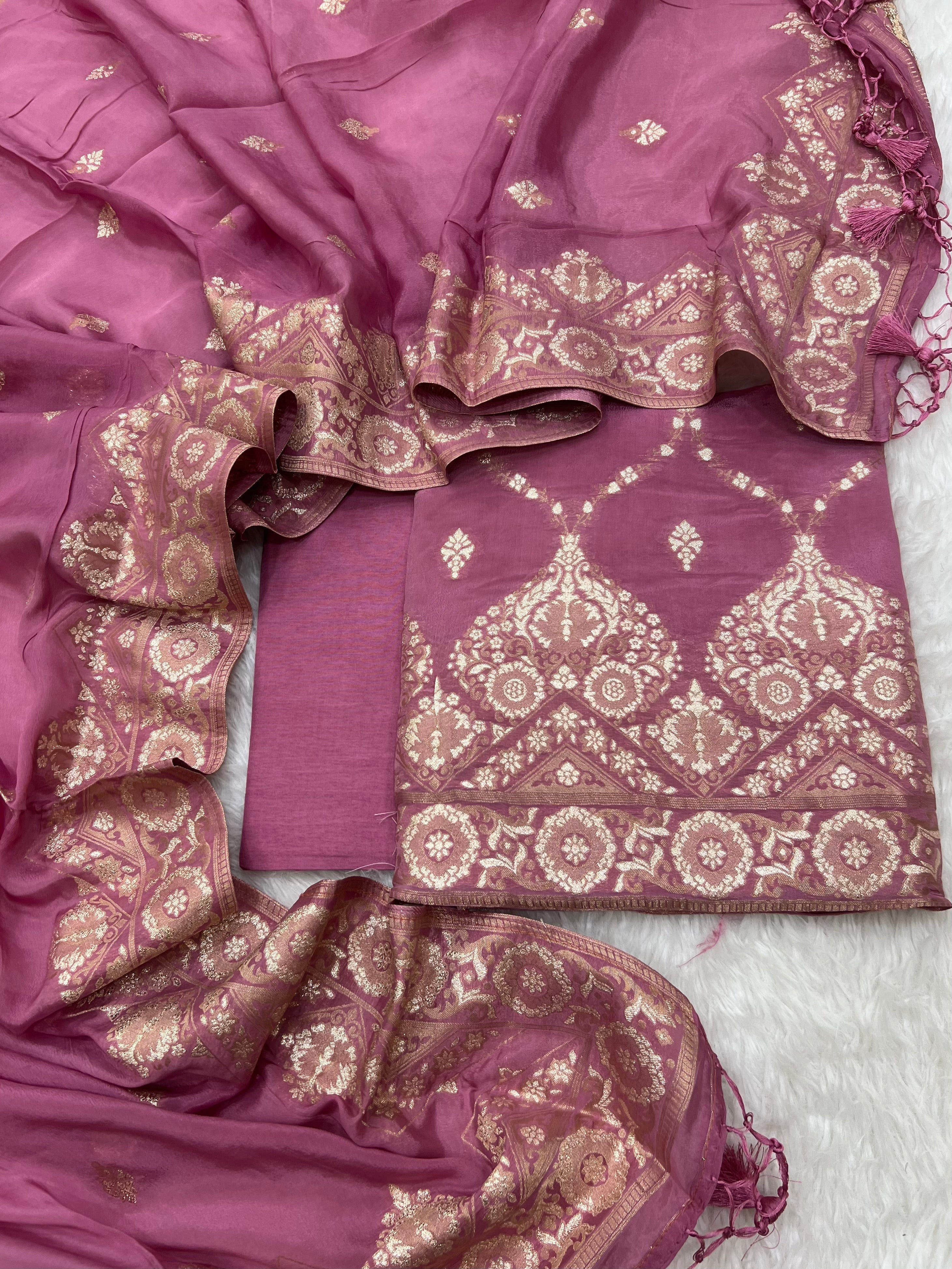 Pure crape antique almond zari weaved unstitched suits collections