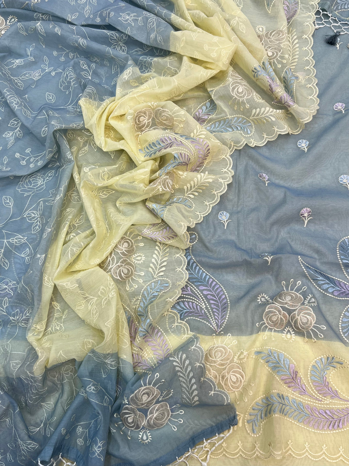 Pure mal Chanderi embroidery with contrast dyed unstiched suits sets