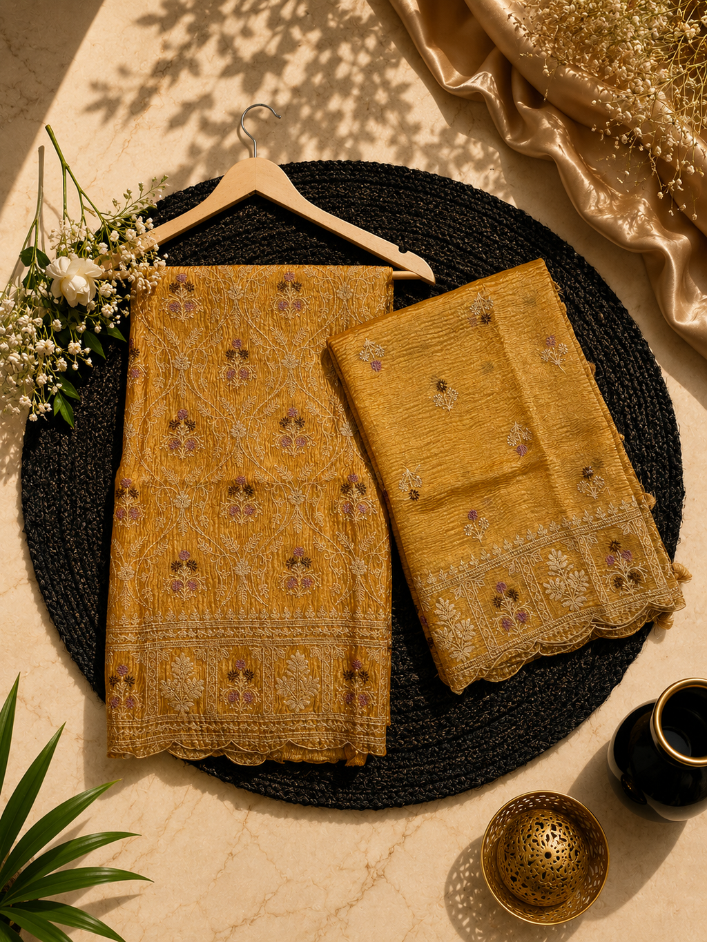Pure crush tissue heavy embroidered unstitched suits sets