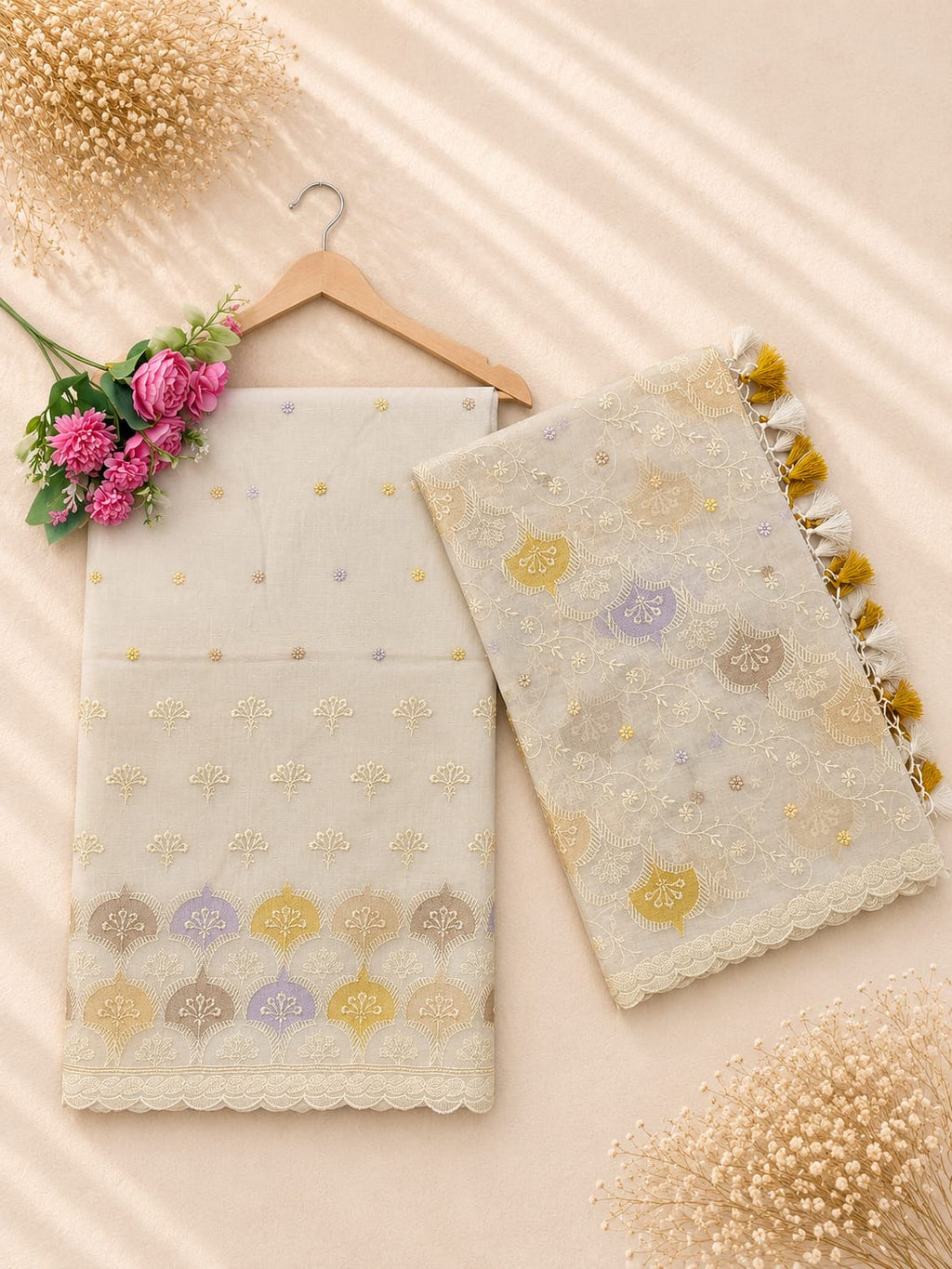 Pure mal Chanderi interlocking arched rangkat multi embroidered unstitched suit sets