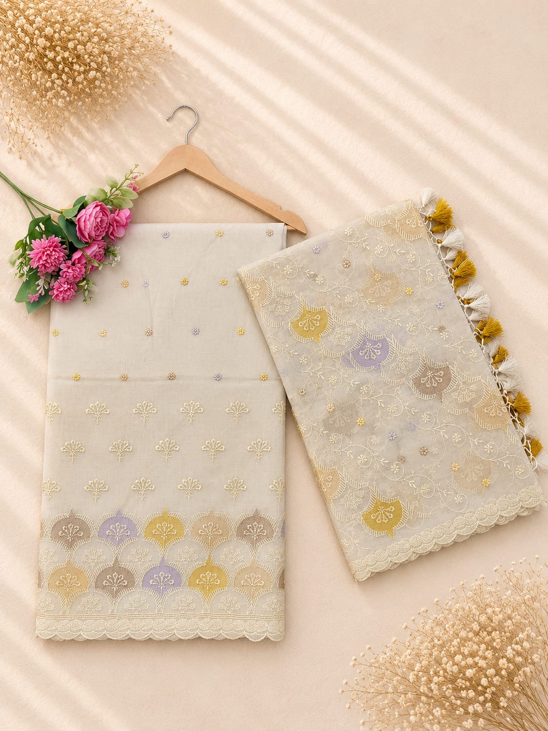 Pure mal Chanderi interlocking arched rangkat multi embroidered unstitched suit sets
