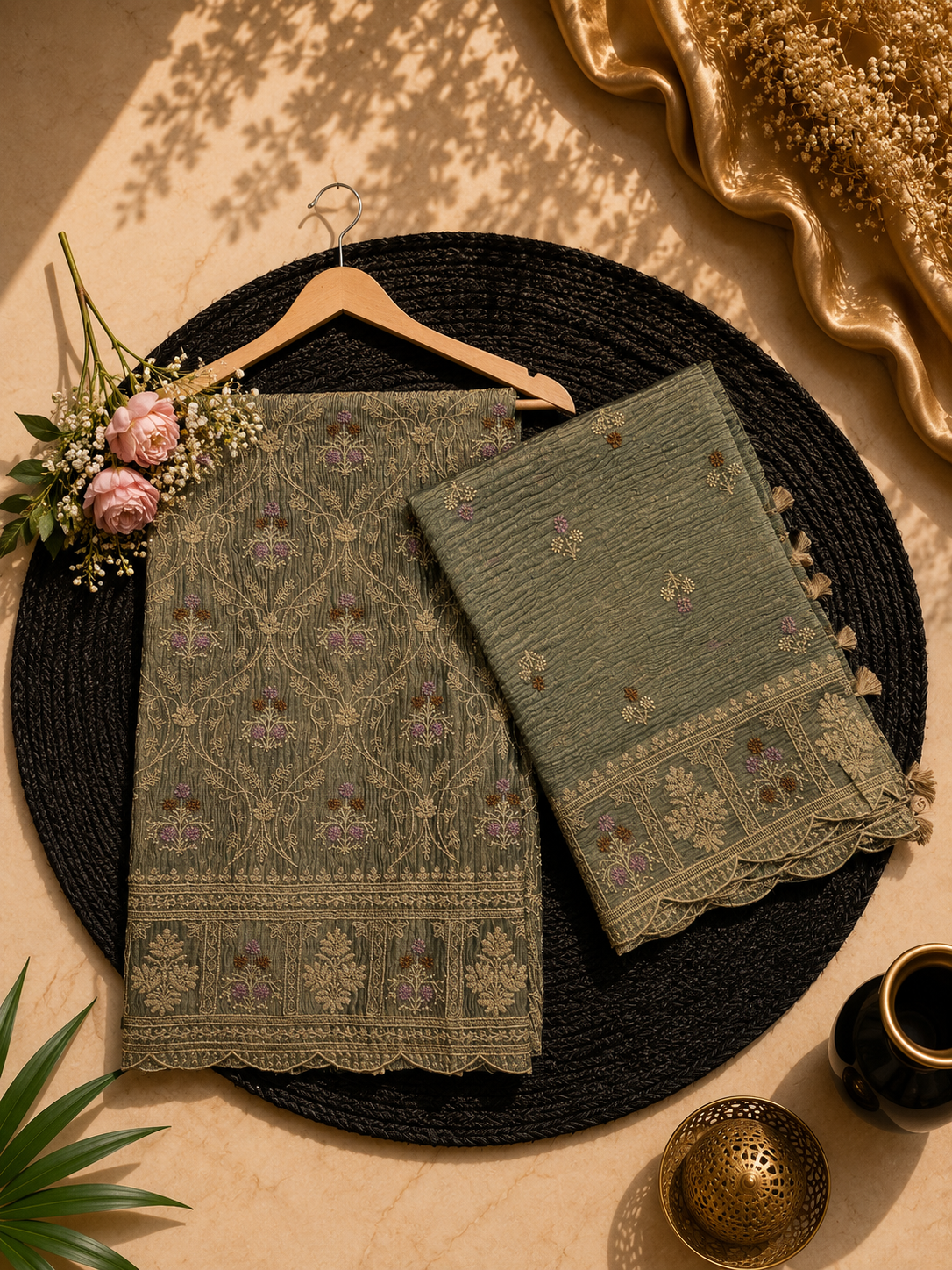 Pure crush tissue heavy embroidered unstitched suits sets