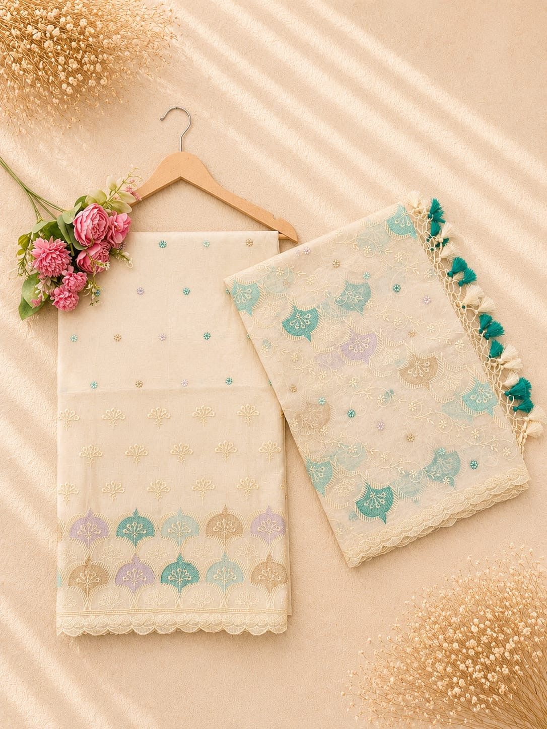 Pure mal Chanderi interlocking arched rangkat multi embroidered unstitched suit sets