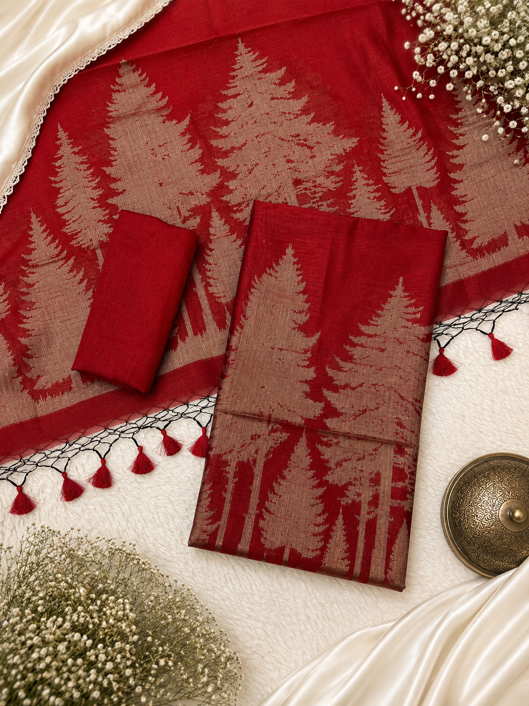 Tussar silk zari weaved botanical forest inspired design unstiched suits sets