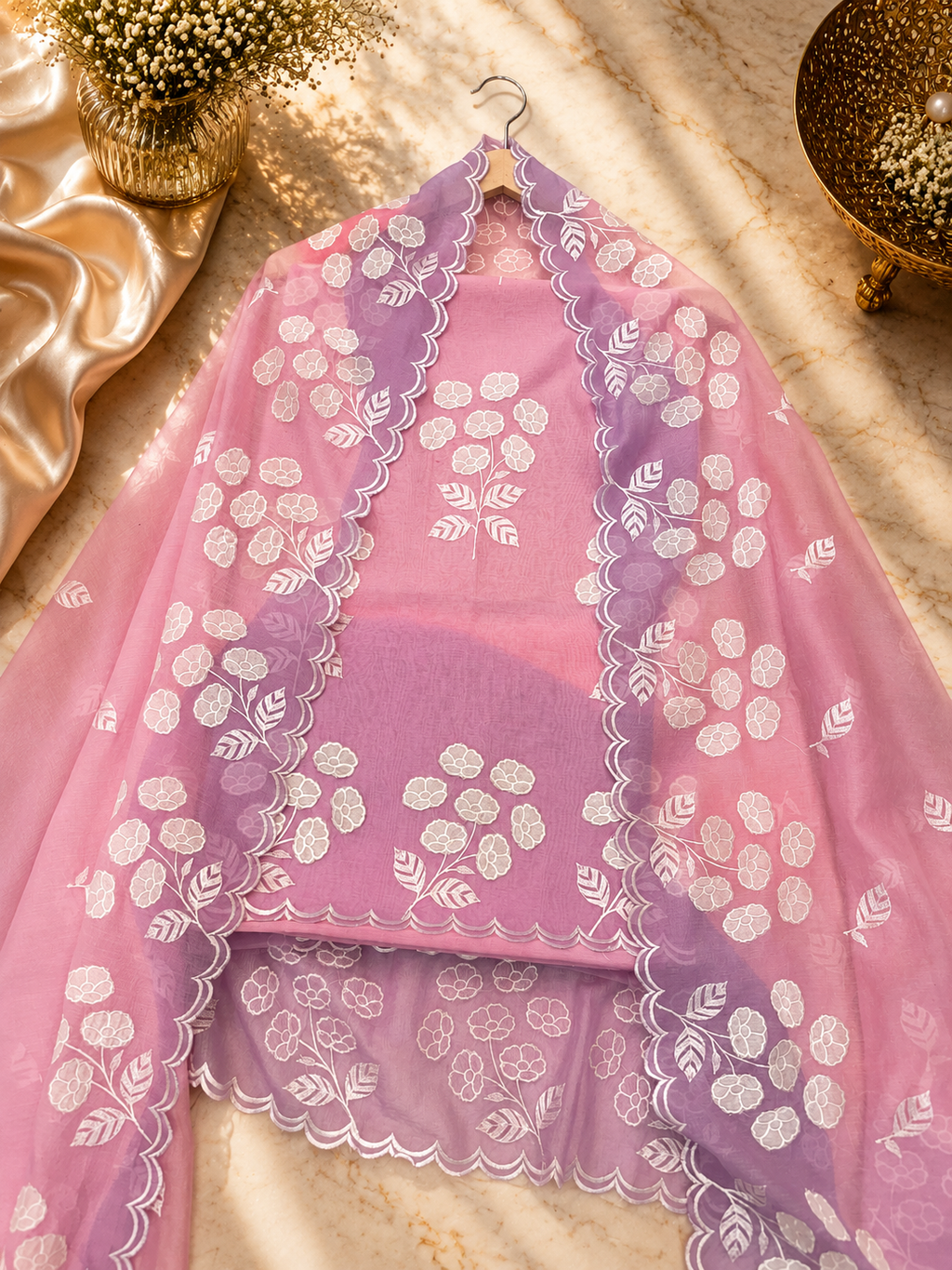 Pure mal Chanderi embroidery with cotton Applique ombre contrast dyeing effect unstitched suits sets