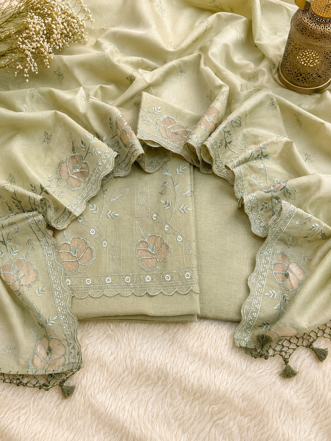 Pure mal chanderi embroidered organza Applique unstiched suits sets