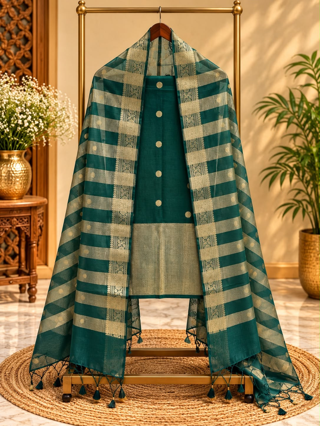Pure mal Chanderi zari stripe polka weaved unstiched suits sets