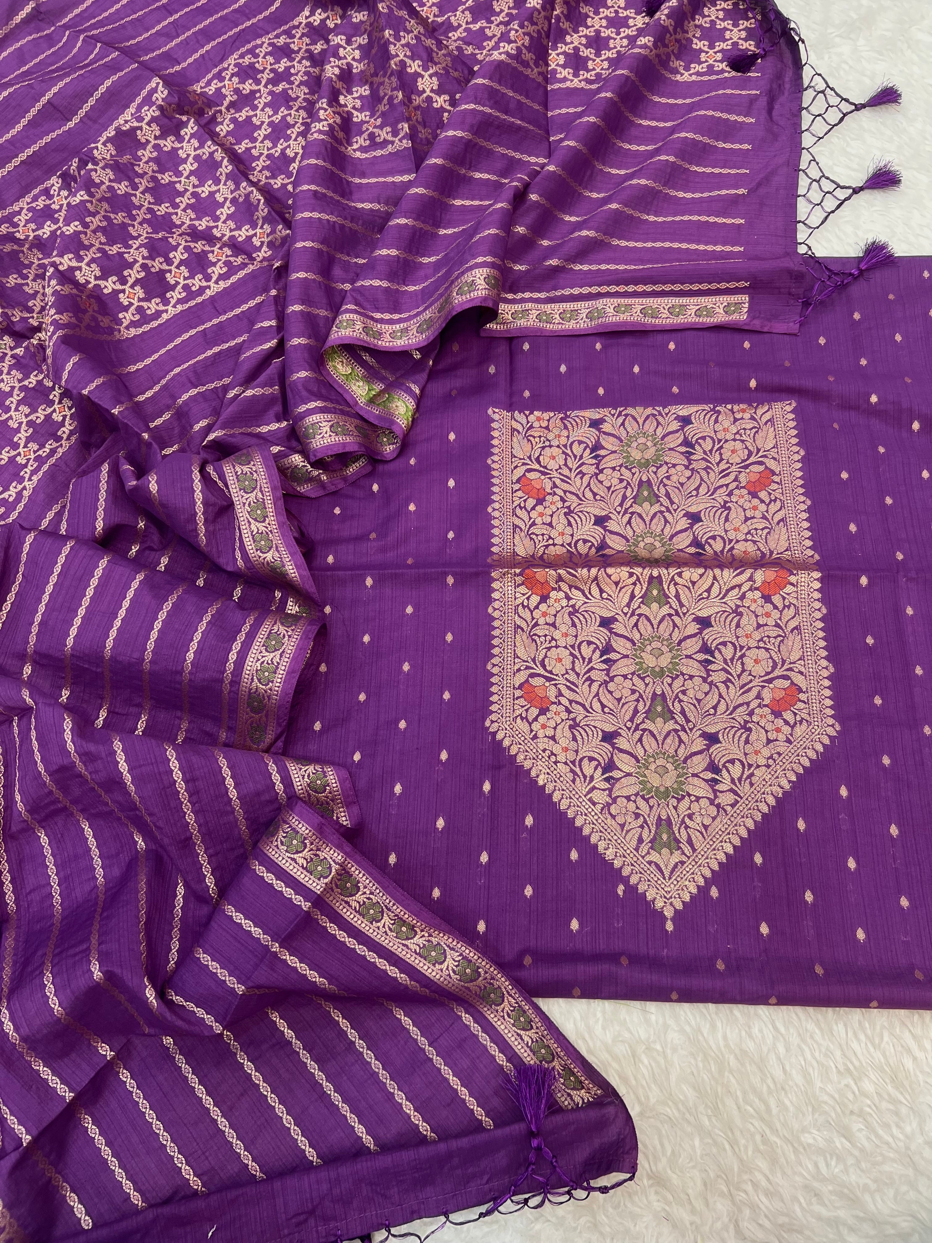 Pure mal Chanderi zari minakari weaved neck work design unstiched suits sets