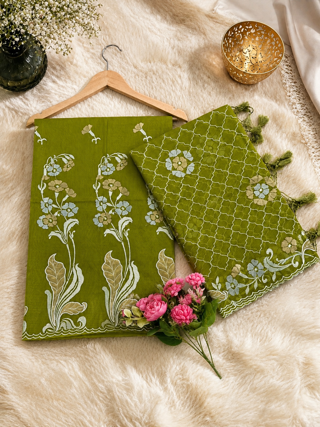 Pure mal Chanderi self stripe weaved Embroidered Applique tissue unstiched suits sets
