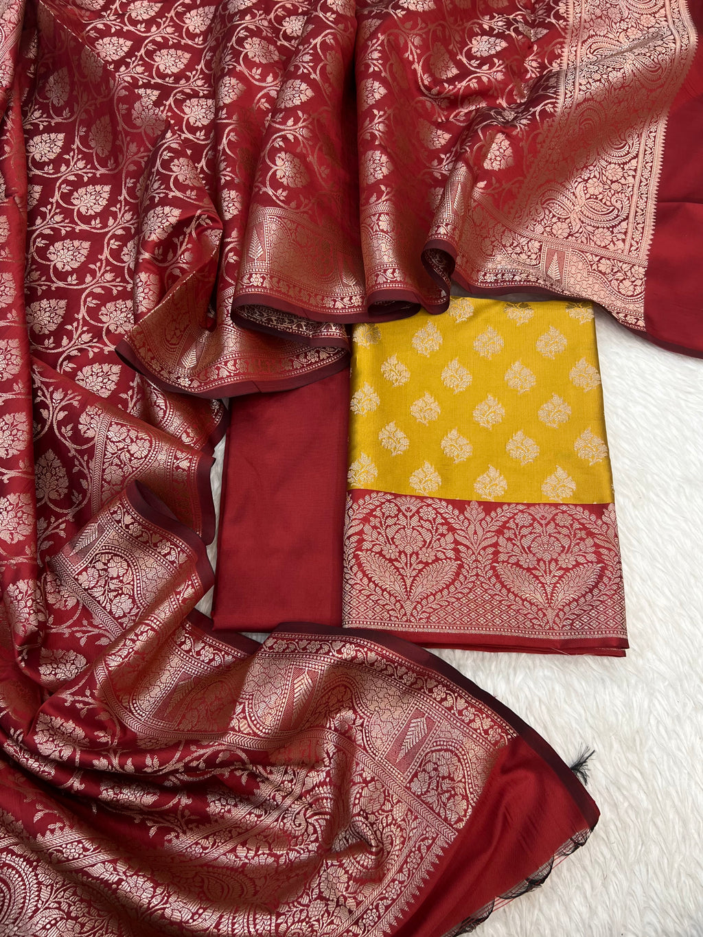 Banarasi silk zari jackard weaving multi contrast unstitched suits sets