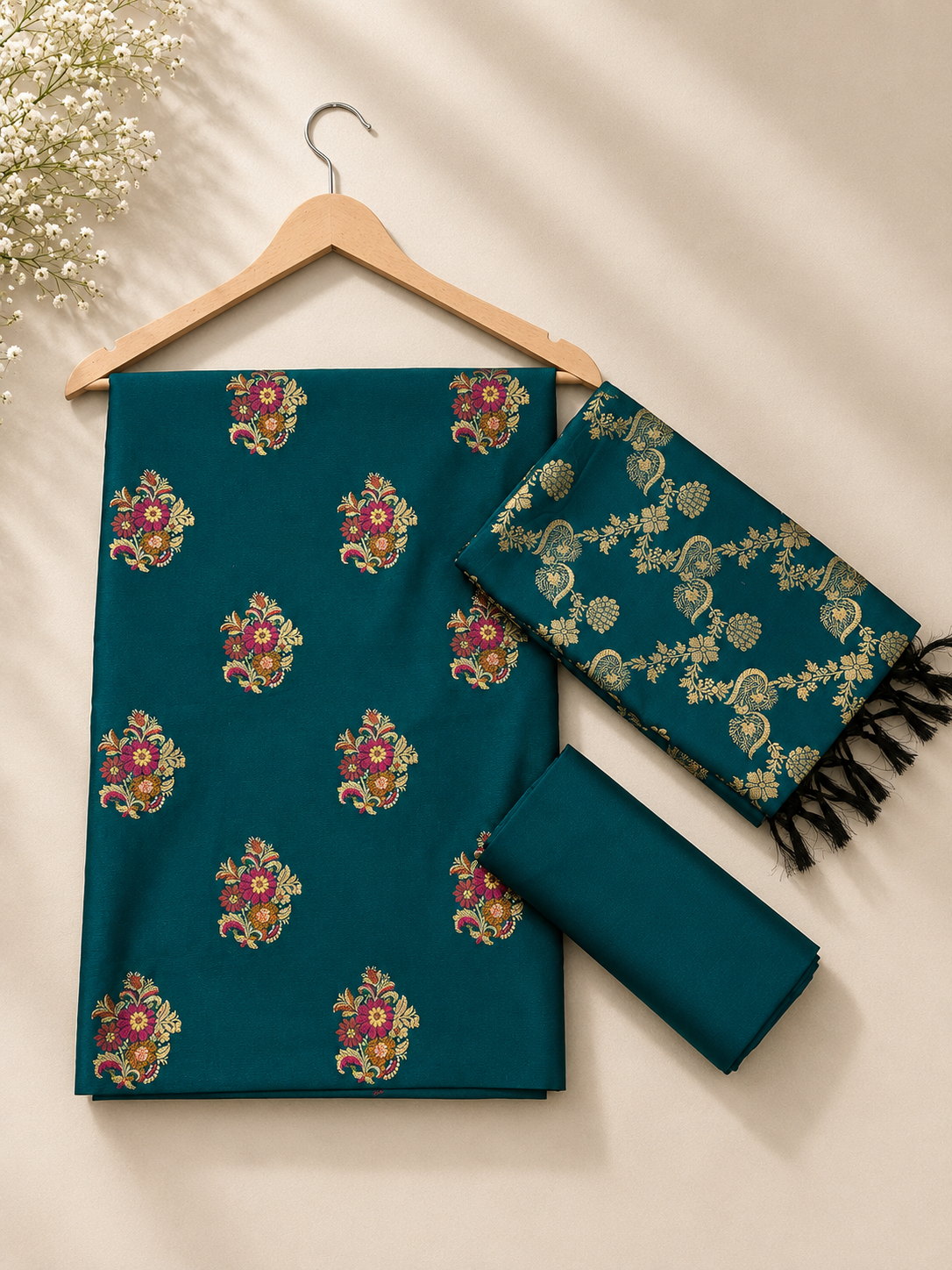 Banarasi silk zari tilfi Mina guldasta boota weaved unstitched suits sets