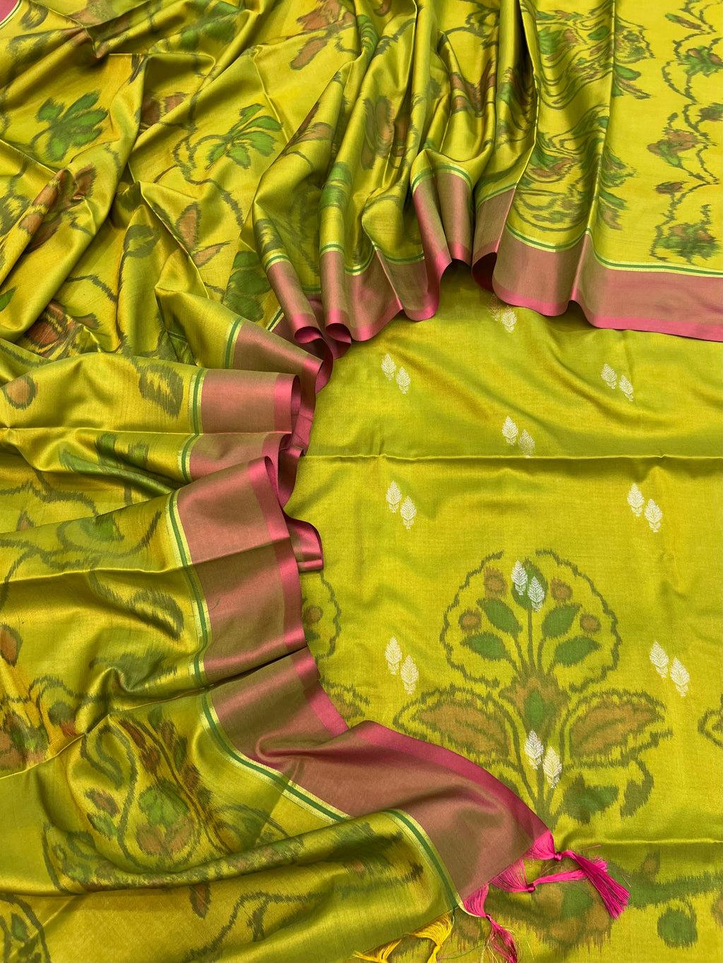 Pochampalli ikkat tani print katan silk unstiched suits sets