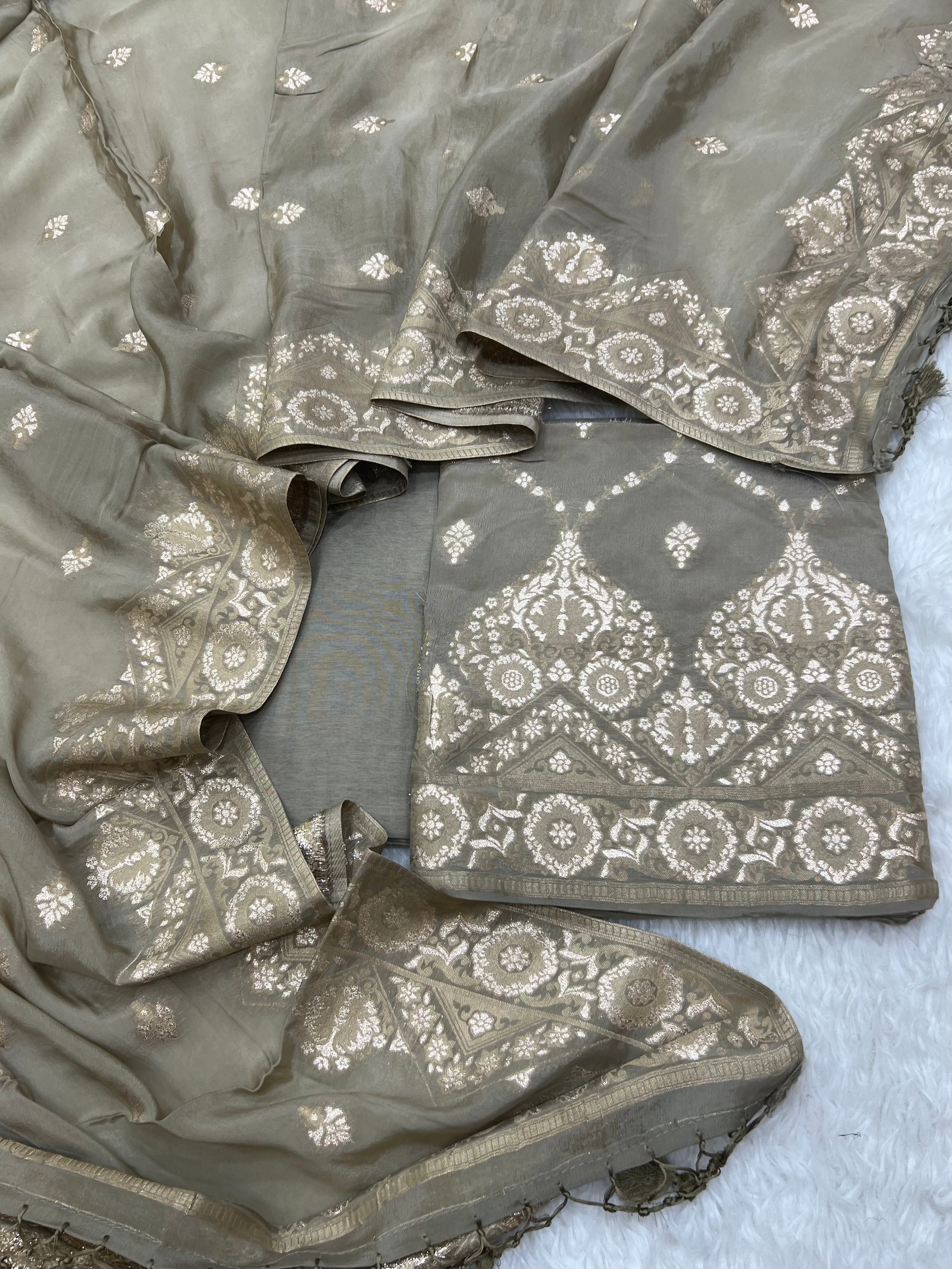 Pure crape antique almond zari weaved unstitched suits collections