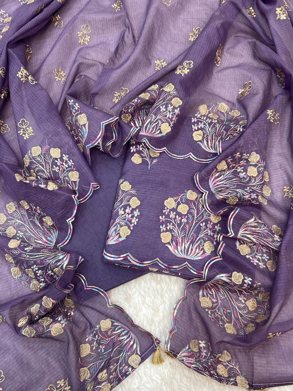 Pure mal Chanderi stripe weaved floral embroidered blossom boota unstiched suits sets