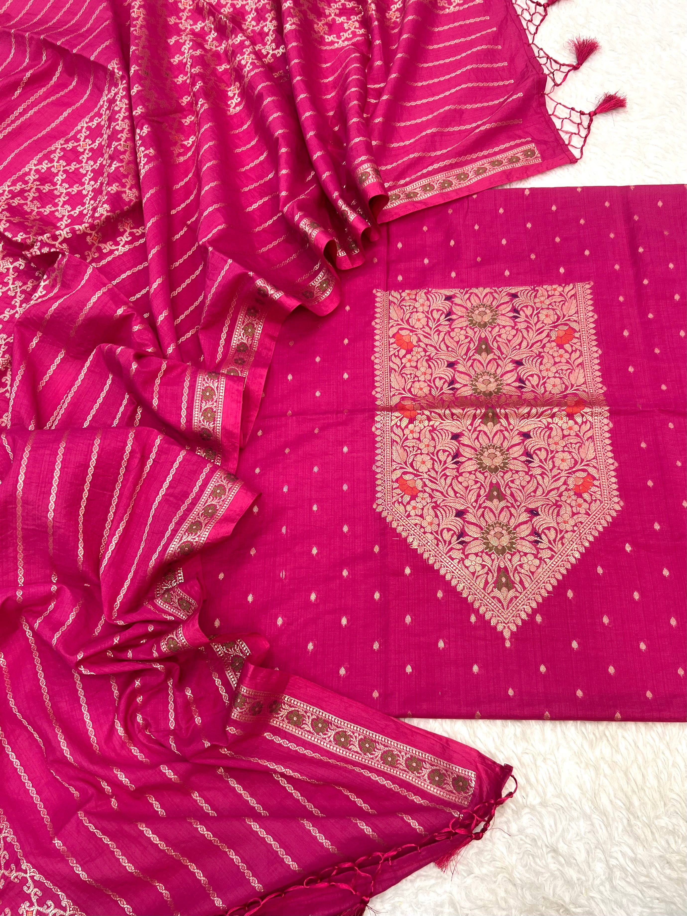 Pure mal Chanderi zari minakari weaved neck work design unstiched suits sets
