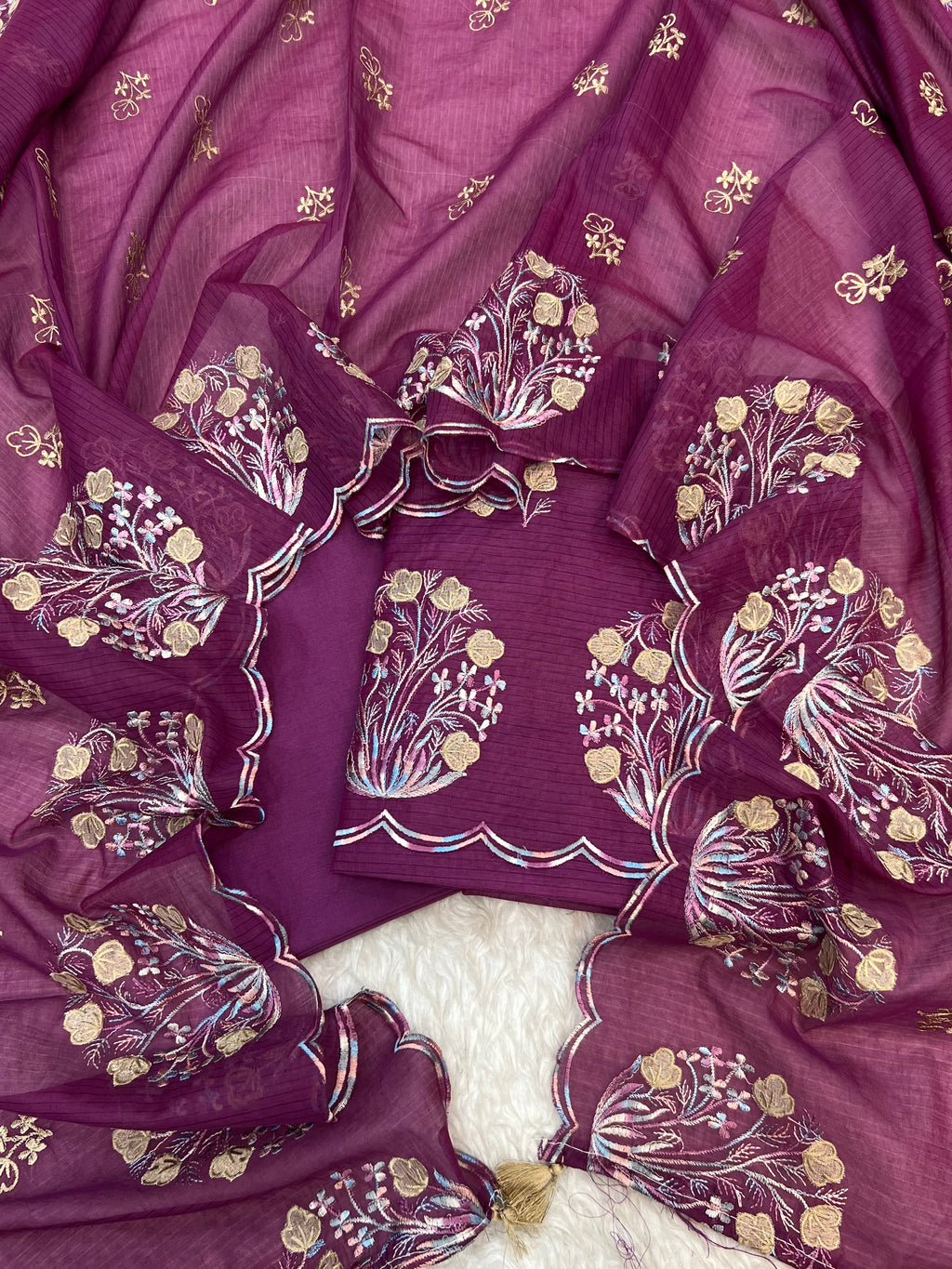Pure mal Chanderi stripe weaved floral embroidered blossom boota unstiched suits sets